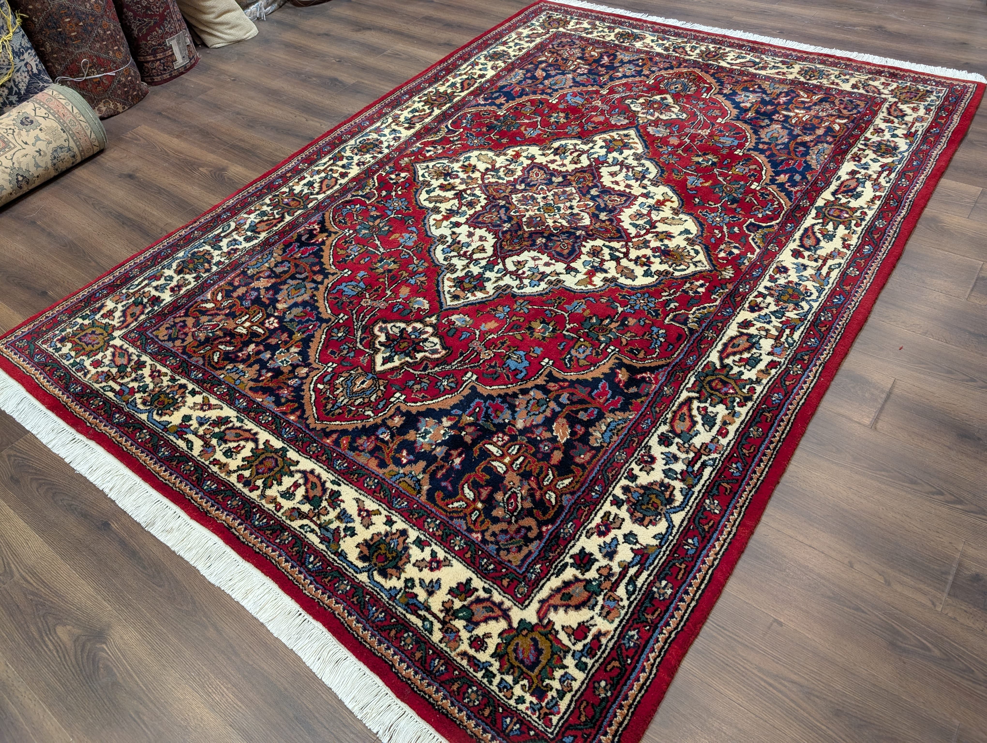 Indo Persian Rug 7x10, Floral Medallion Hand-Knotted Wool Carpet, Red Ivory Navy - Jewel Rugs