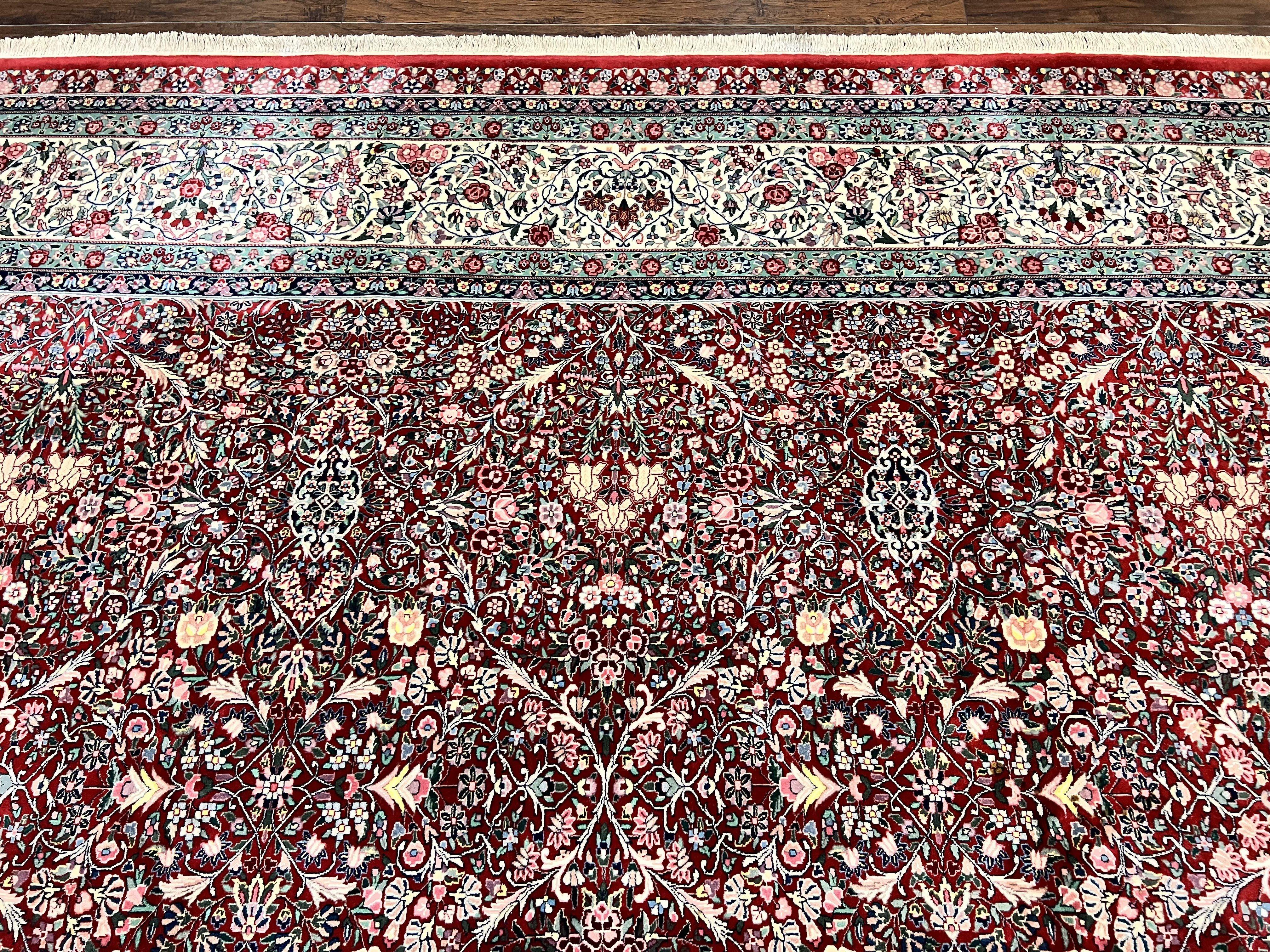 Pak Persian Rug 11x15, Wool & Silk Highlights Hand Knotted Vintage Carpet, Red Cream, Floral Allover, Oversized Kirman Rug - Jewel Rugs