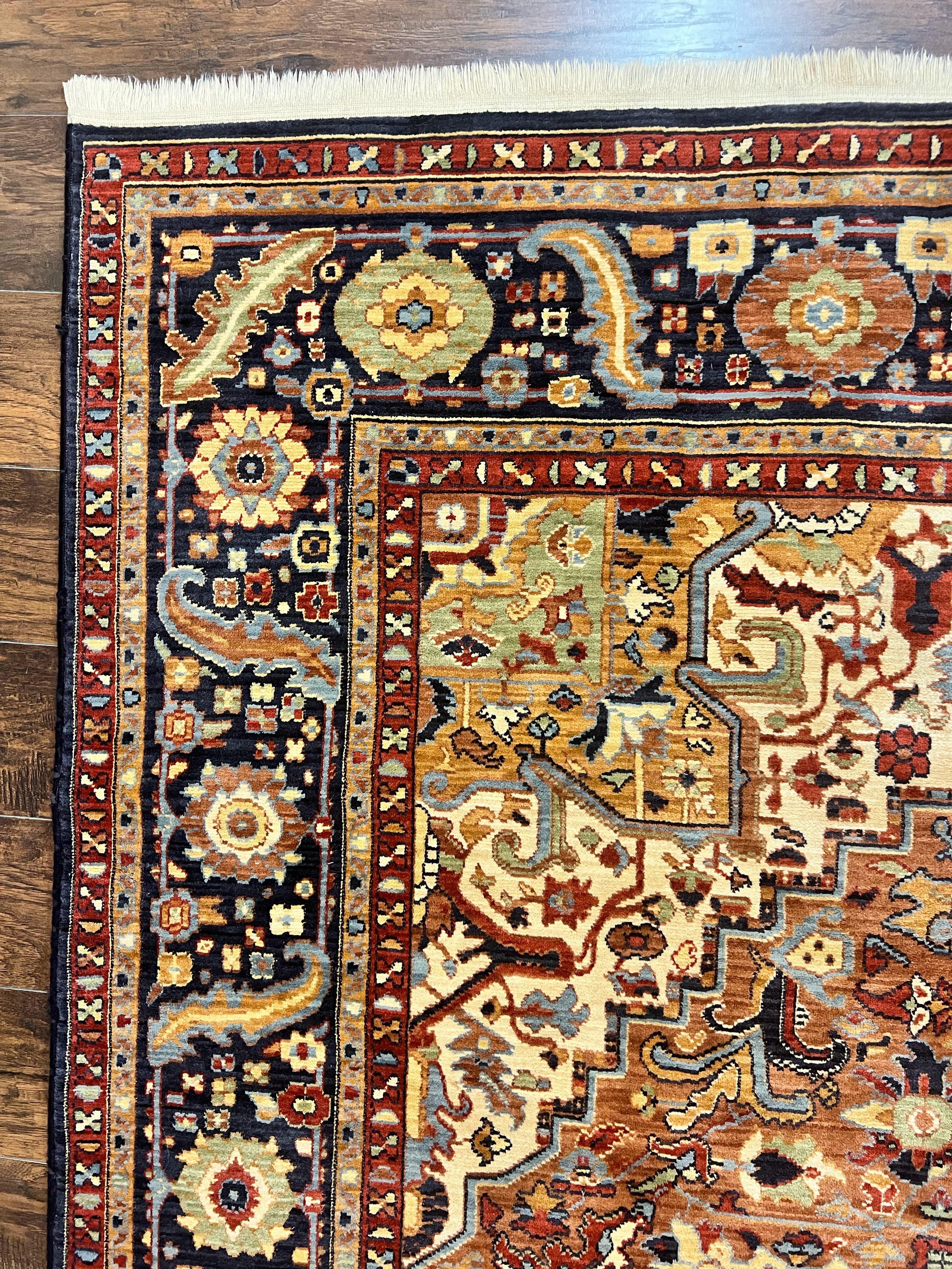 Karastan Rug 8 x 10.5, English Manor Windsor Heriz Karastan Carpet 8x10, Geometric Design, Wool Vintage Area Rug 8 x 10 ft, Red Navy - Jewel Rugs