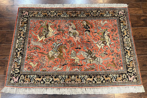 Persian Qum Silk Rug 3x5, Hunting Pattern, Horses Animal Pictorials, Silk Pile on Silk Foundation, Hand Knotted Authenic Vintage Persian Qom Ghom Horizontal Carpet