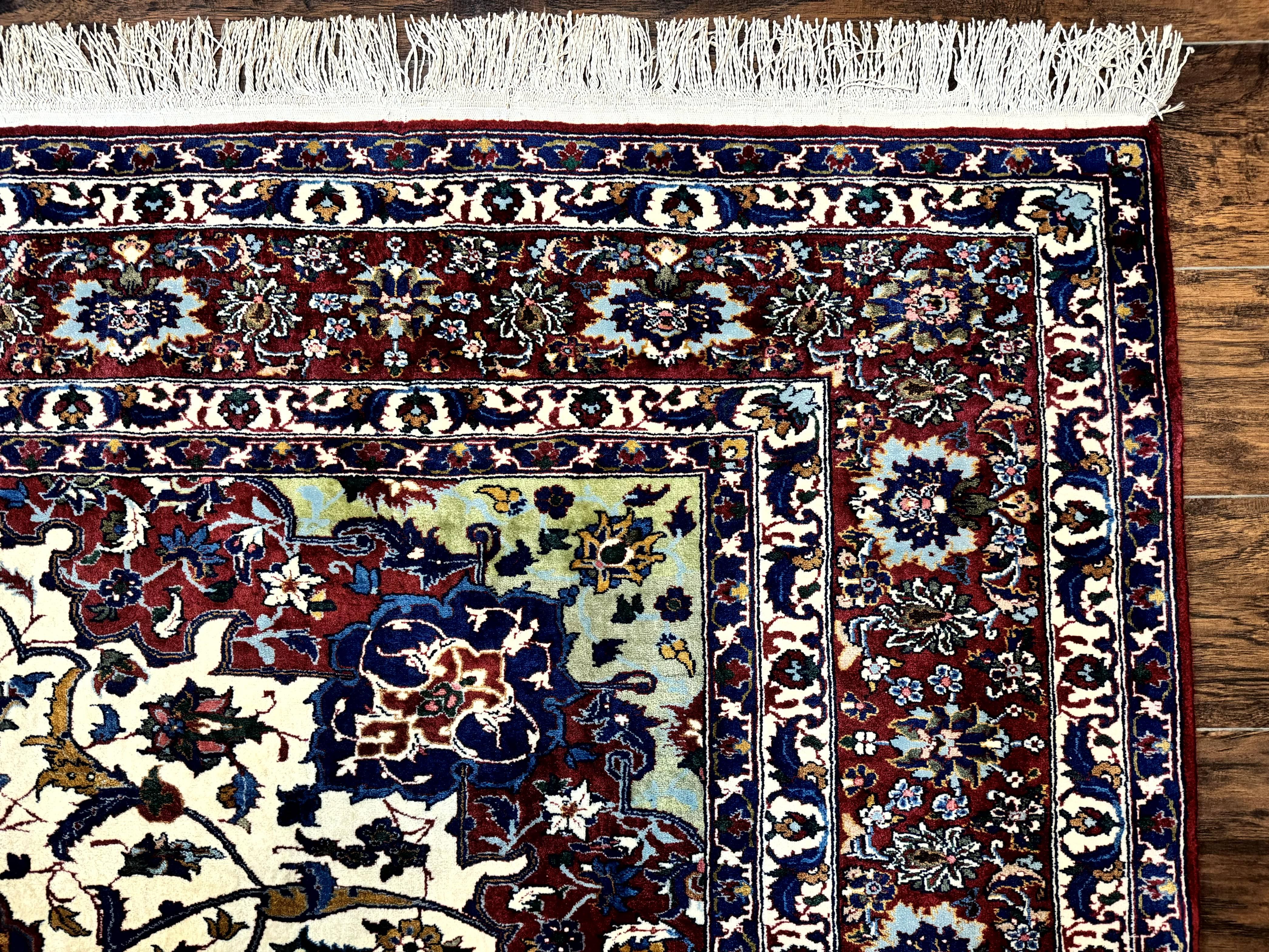 Wonderful Persian Isfahan Rug 7x9, Ivory Navy Blue Red, Floral Medallion, Very Finely Hand Knotted 260 KPSI, Handmade Wool Vintage Rug - Jewel Rugs