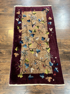 Small Chinese Art Deco Rug 3x5, Buttefly Flowers, Nichols Rug, Antique Chinese Wool Rug, 1920s Rug