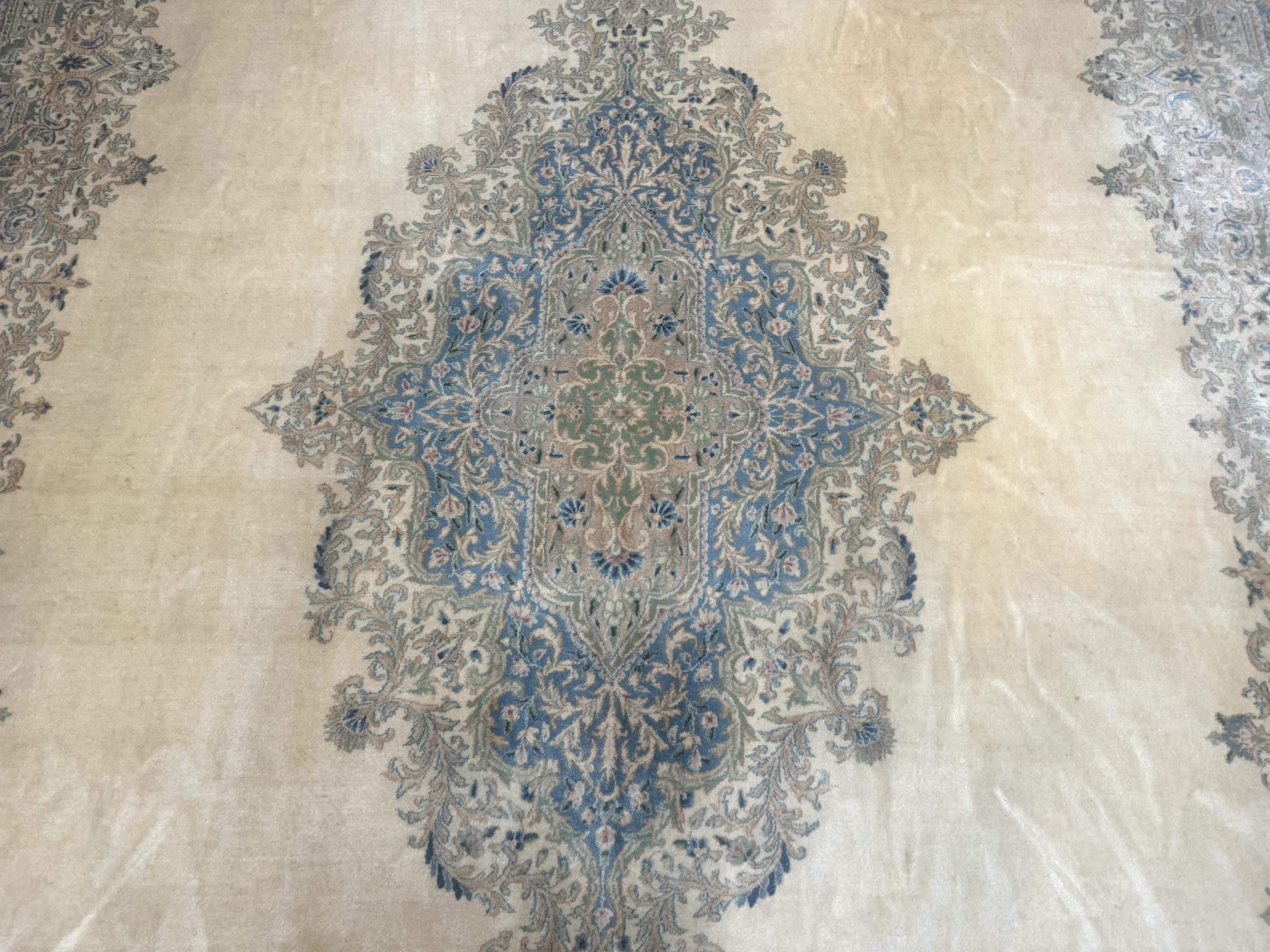 Palace Size Persian Kerman Rug 12x18, Floral Kirman Rug, Ivory Light Blue Pink, Pastel Colors, Vintage Persian Rug, Signed, Fine 240 KPSI - Jewel Rugs