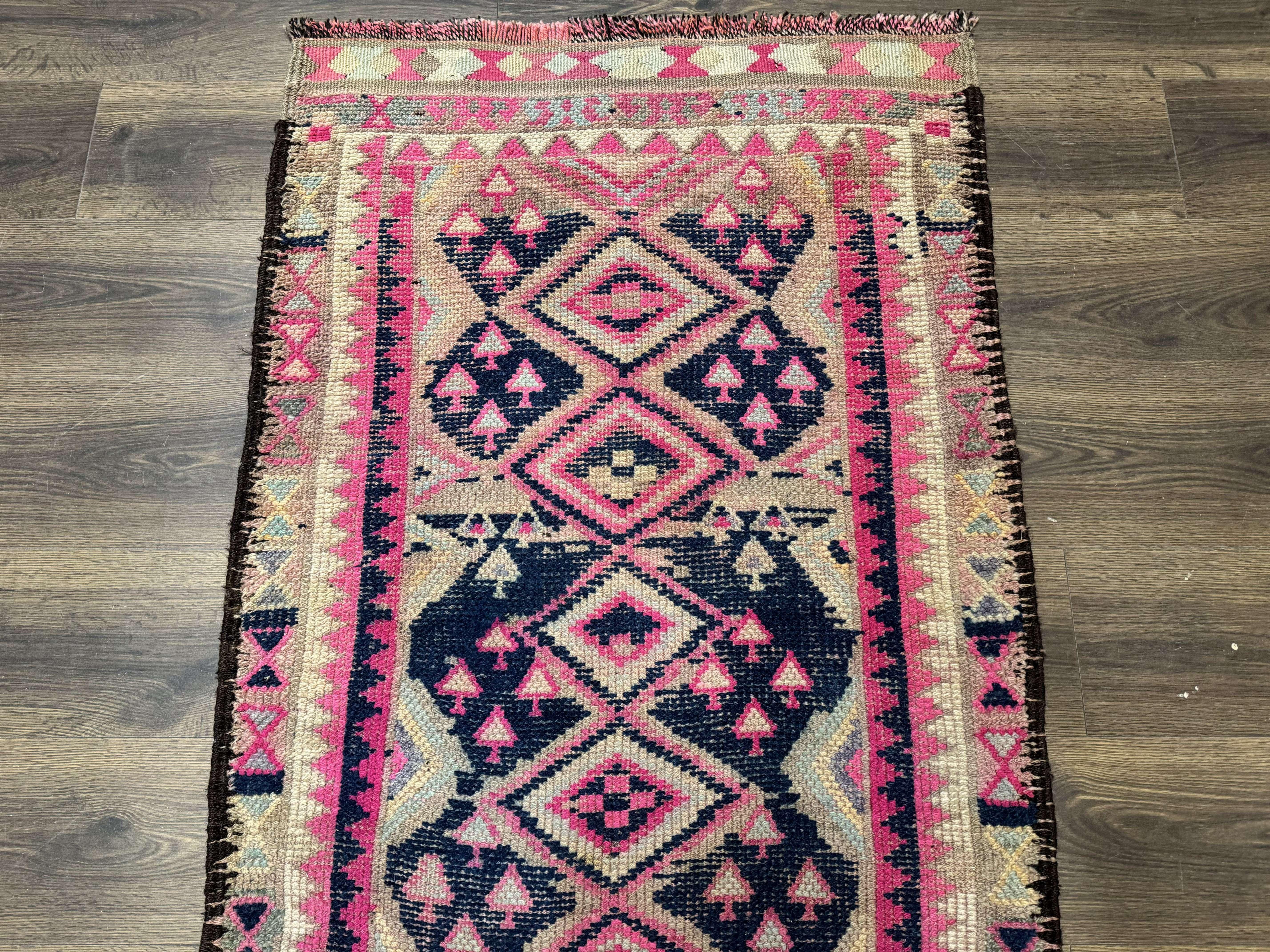 Turkish Runner Rug 3x10, Pink and Navy Blue, Bohemian Runner for Hallway or Kitchen, Vintage, Geometric, Tribal - Jewel Rugs