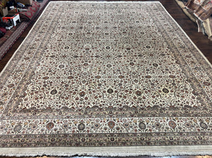 Large Pak Persian Rug 11x15, Oversized Oriental Carpet, Palace Size 11 x 15 ft, Floral Allover, Ivory Taupe, Handmade Wool Vintage Area Rug