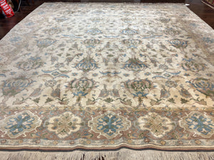Turkish Oushak Rug 13x14, Wool Hand Knotted Vintage Carpet, Beige & Taupe, 13 x 14 ft Oversized Rug, Extra Large Wool Rug