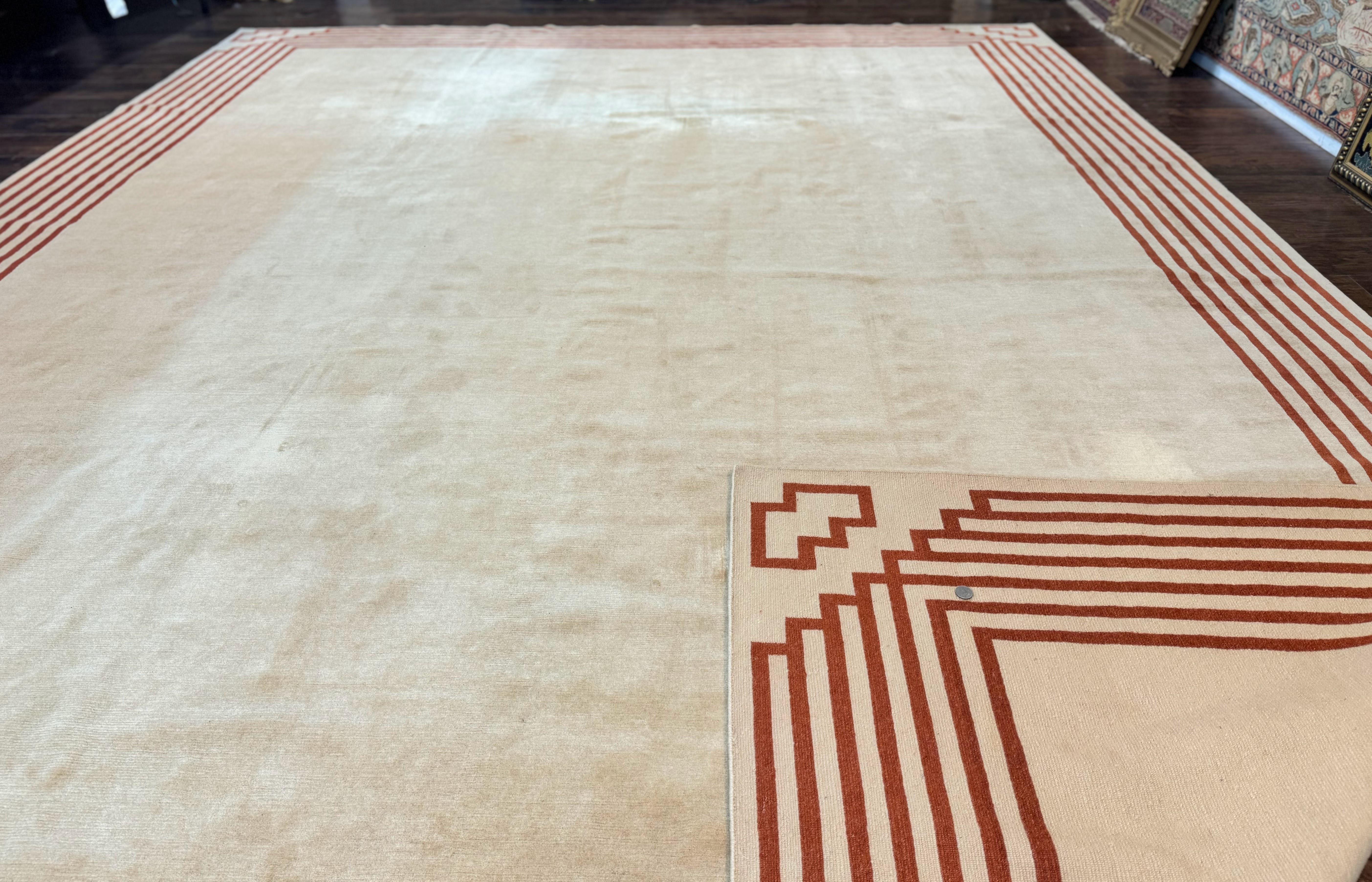 Modern Tibetan Rug 11 x 14.6, Wool and Silk, Simple Design, Handmade Large Area Rug, Cream - Jewel Rugs