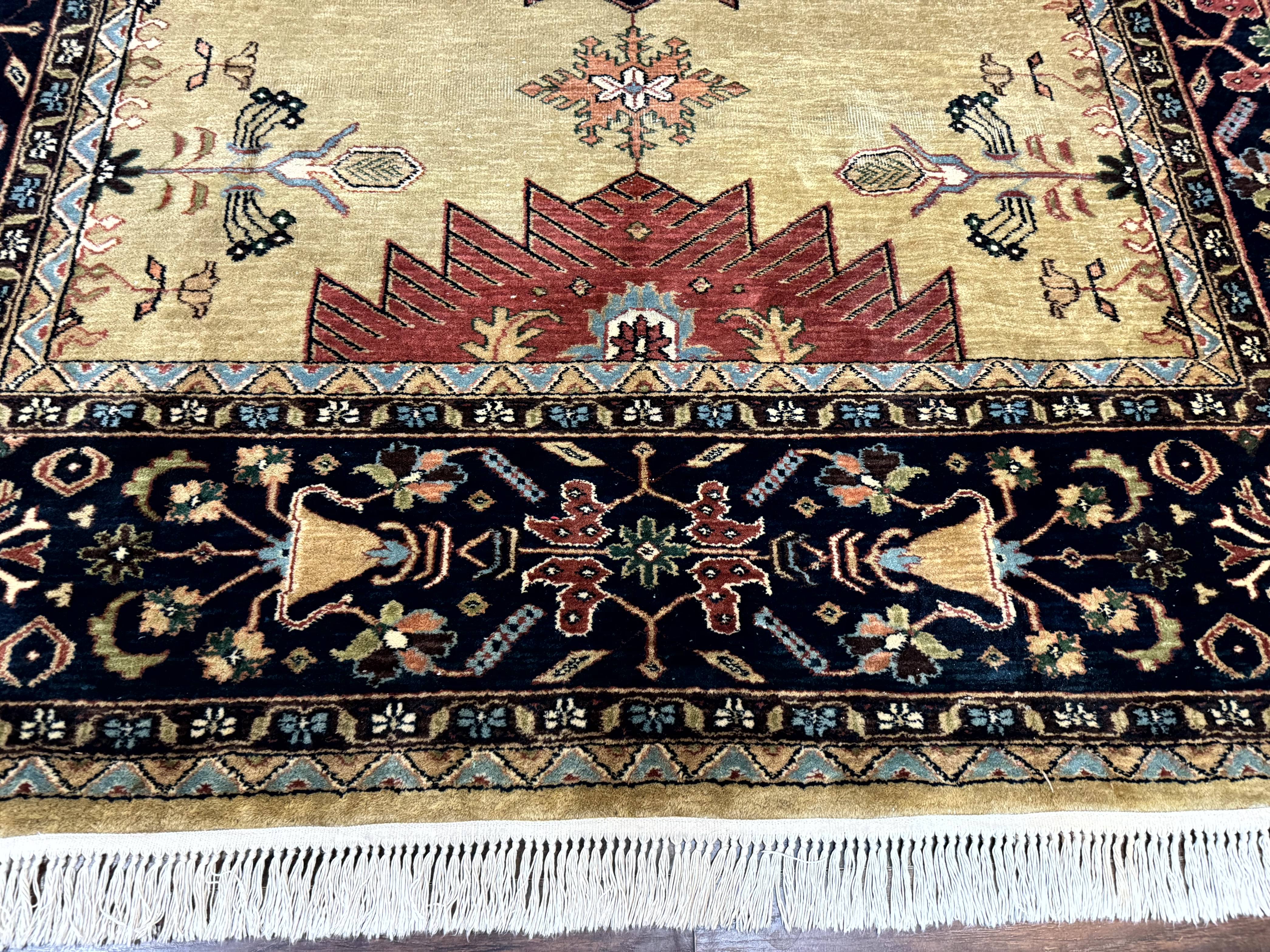 Indo Persian Heriz Rug 8x12, Camel Hair Tan and Navy Blue, Decorative - Jewel Rugs