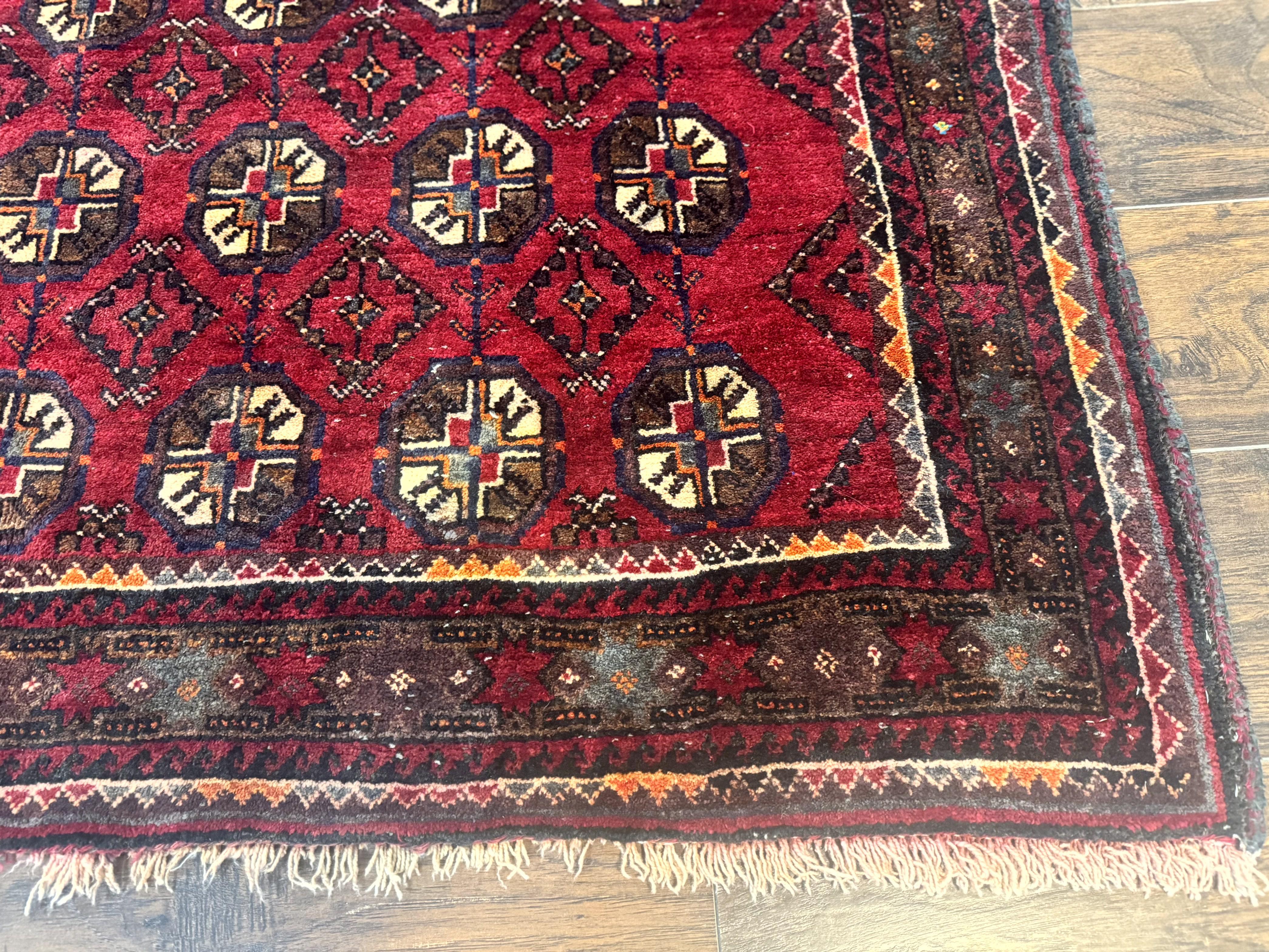 Persian Turkoman Tribal Rug 4x8, Handmade Vintage Wool Carpet, Red, Bohemian Rug - Jewel Rugs