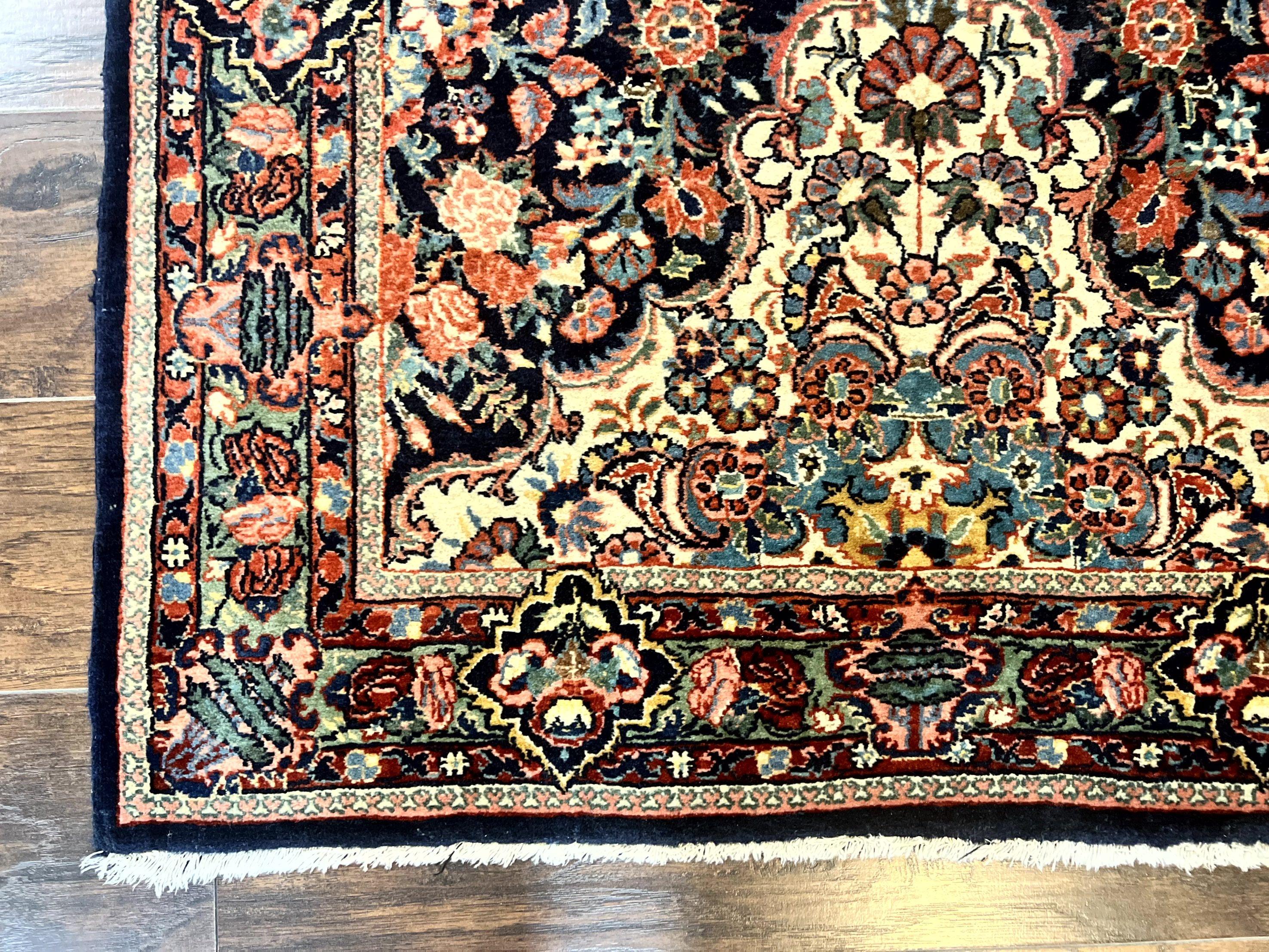 Persian Saoruk Rug 4x5, Navy Blue and Red, Floral, Antique Persian Wool Carpet, Handmade - Jewel Rugs