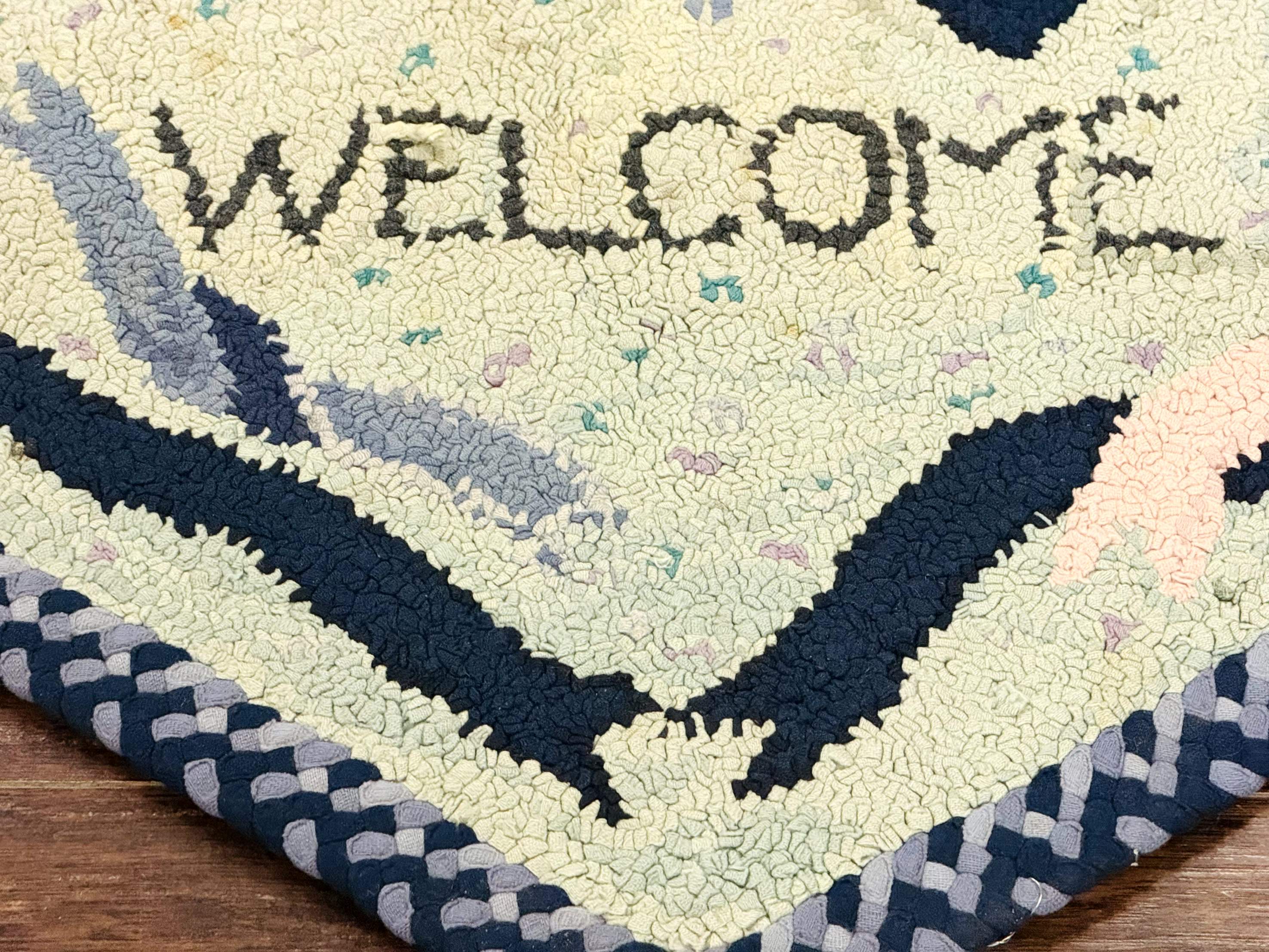 Small American Hooked Rug, Vintage Welcome Mat, Heart Shaped, Ivory and Blue - Jewel Rugs