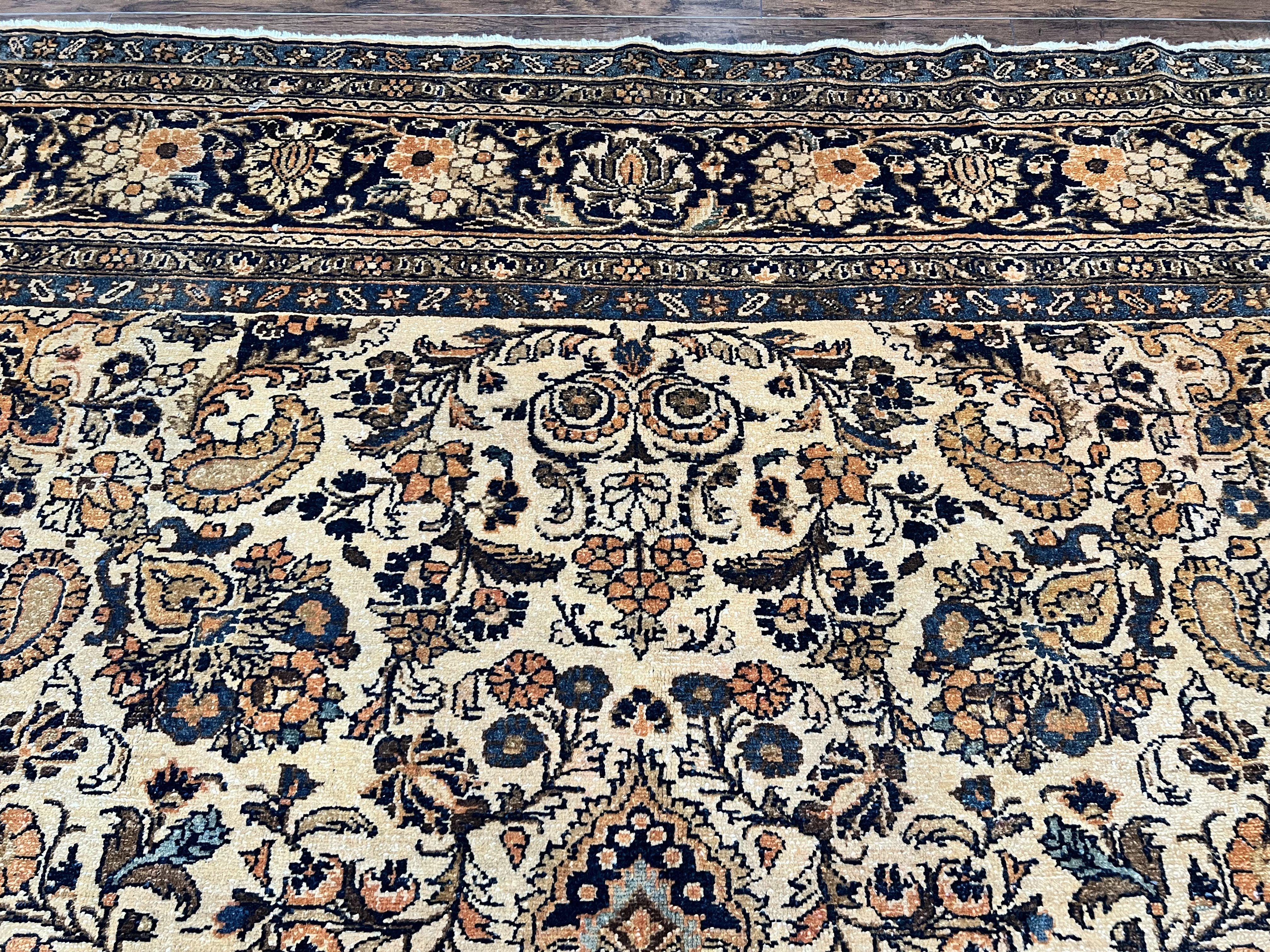 Antique Persian Rug 9x11, Wool Handmade 1920s Oriental Carpet, Persian Hamadan Anjelas Rug, Cream Black, Floral Allover Oriental Rug 9 x 11 Room Sized Rug - Jewel Rugs