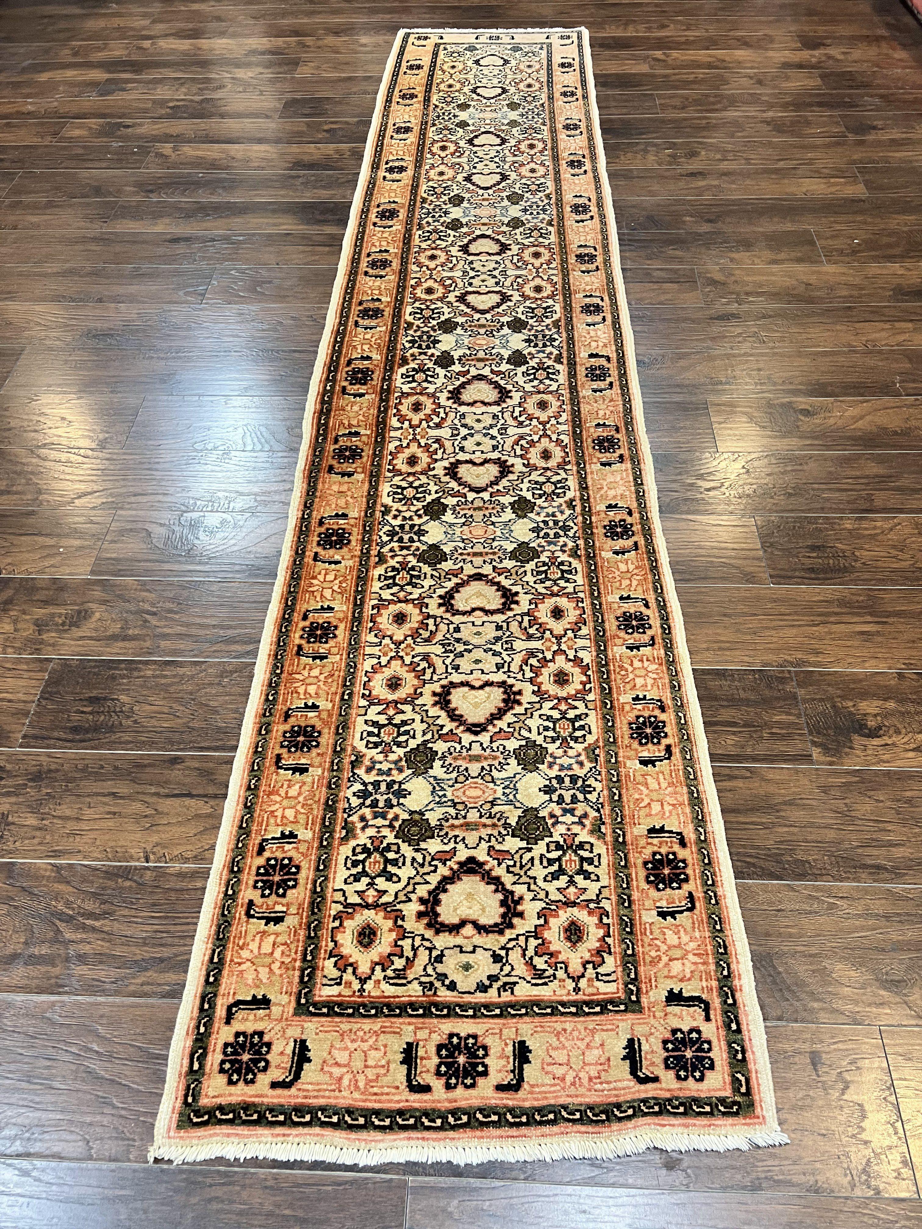Romanian Runner Rug 2.6 x 12.9, Wool Handmade Hand Knotted Skinny Runner for Hallway, Floral Allover, Vintage Tan Runner - Jewel Rugs