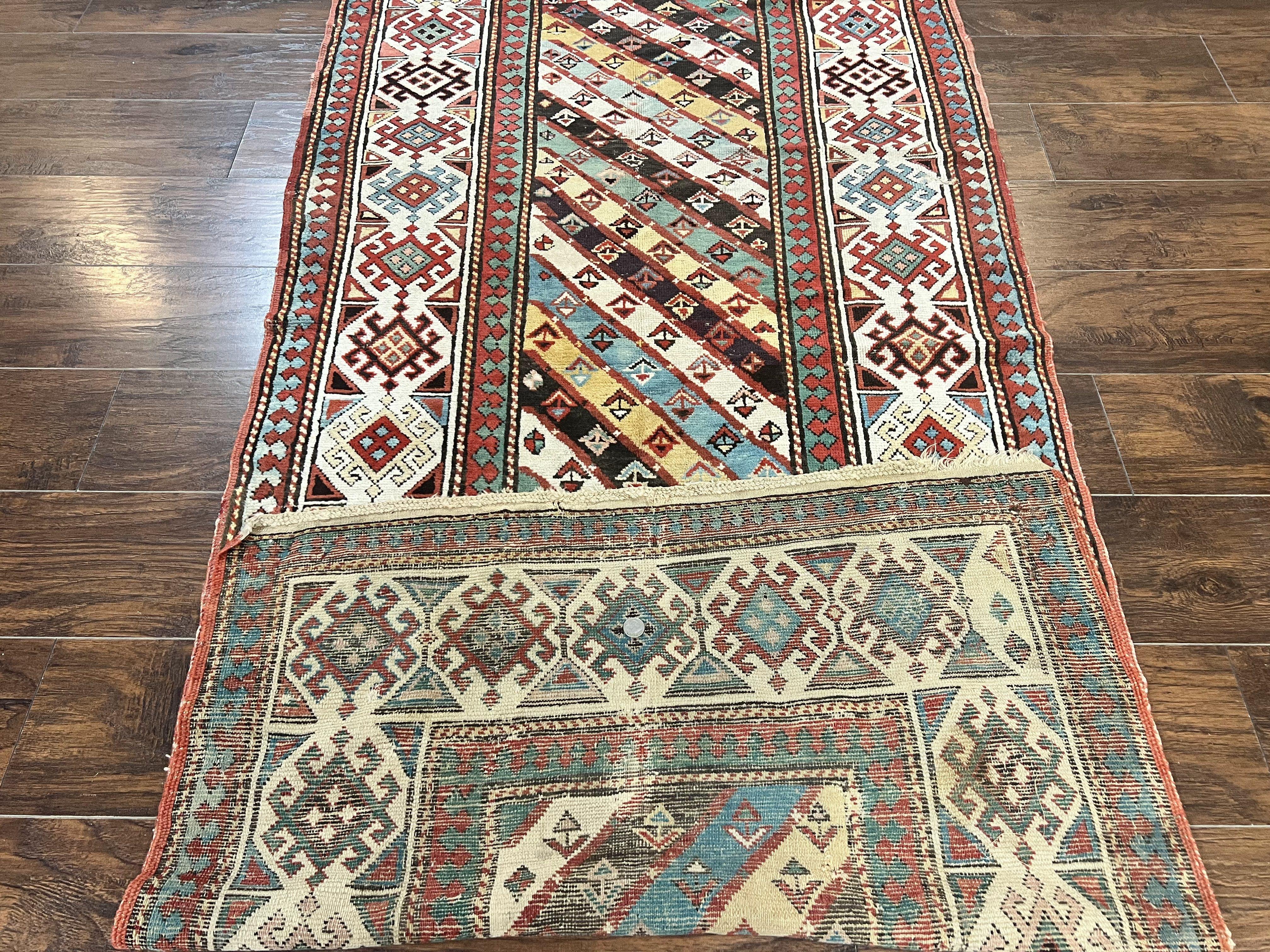 Caucasian Kazak Runner Rug 3.6 x 8, Wool Hand Knotted Antique 1880s Carpet, Ivory & Multicolor Stripes Oriental Runner Rug, Hallway Rug - Jewel Rugs