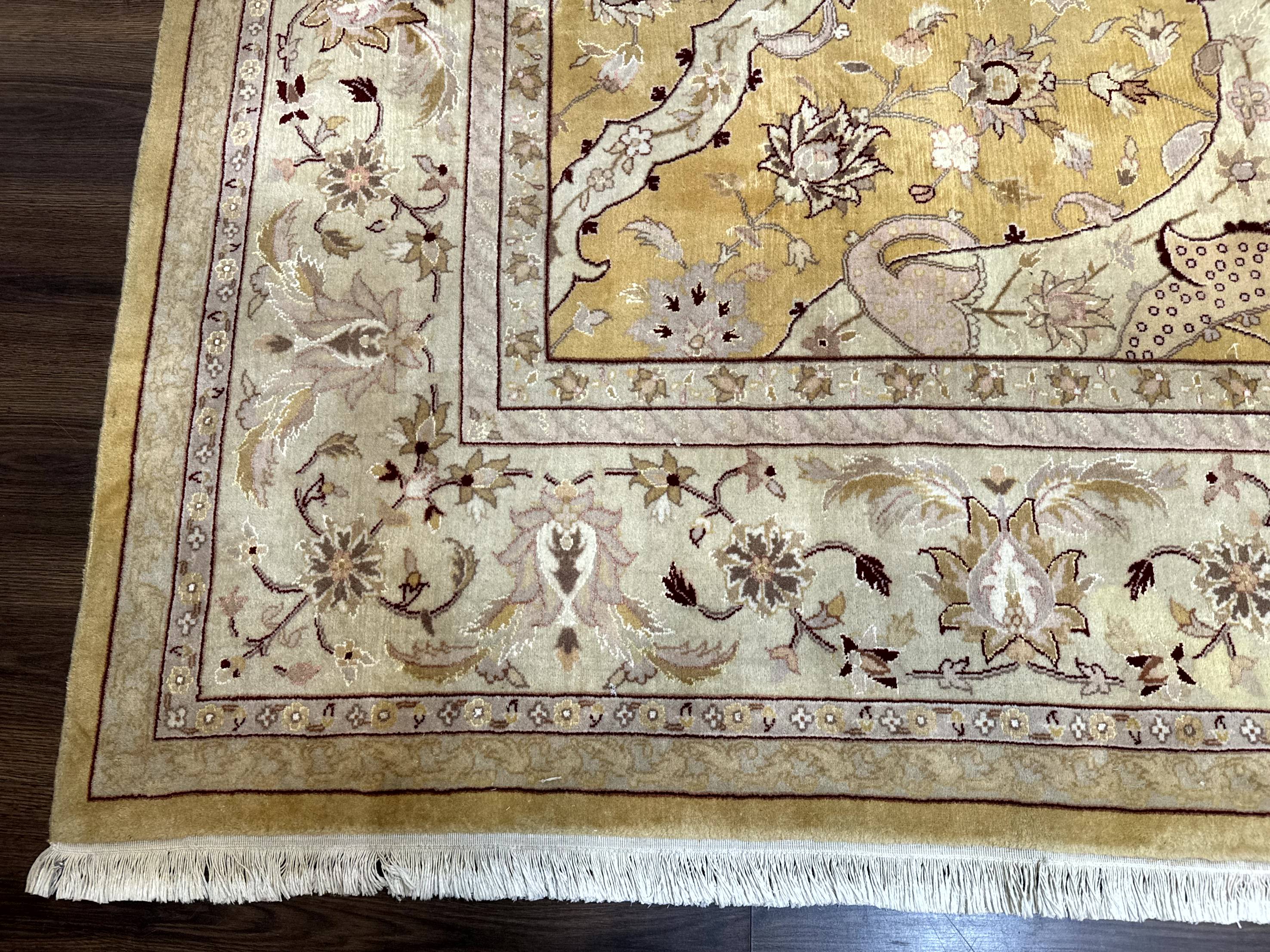 Sino Persian Rug 8x11, Wool with Silk Highlights, Unique Colors, Gold and Light Green, Fine 240 KPSI - Jewel Rugs