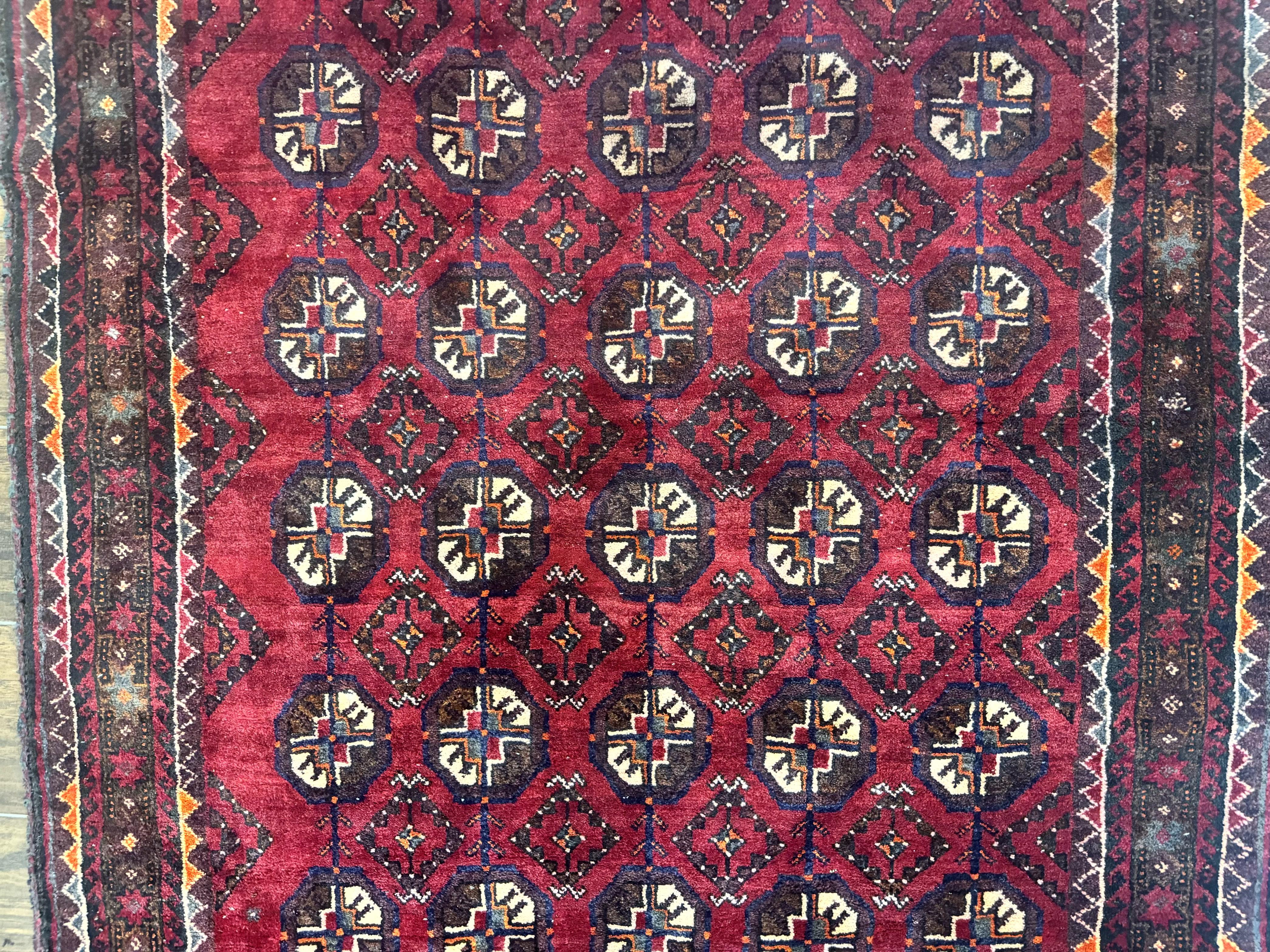 Persian Turkoman Tribal Rug 4x8, Handmade Vintage Wool Carpet, Red, Bohemian Rug - Jewel Rugs