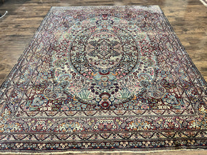 Antique Persian Kirman Lavar Rug 8x10, Floral, Multicolor, Very Fine, Handmade, Wool Room Sized Carpet