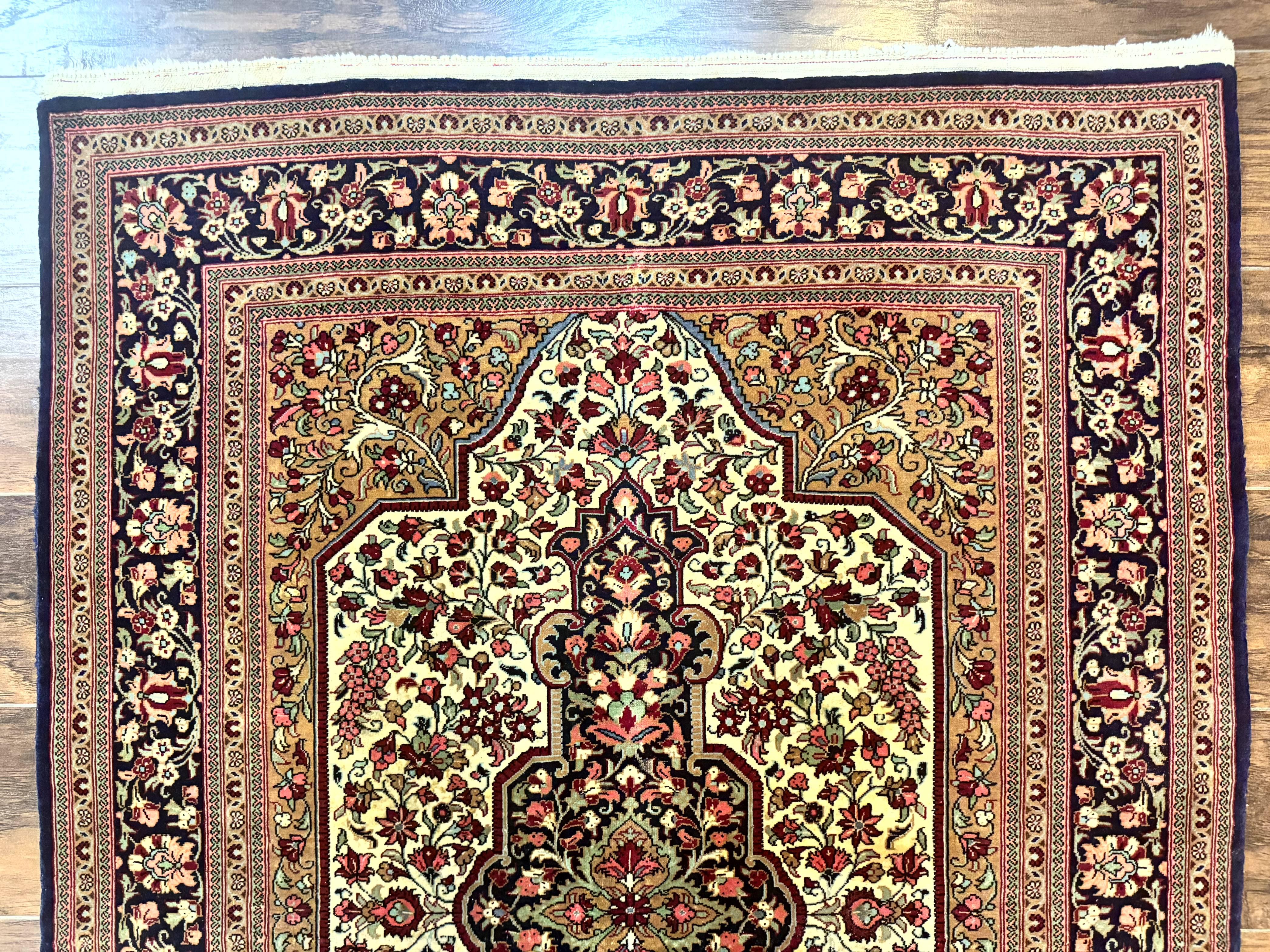 Persian Qum Rug 3.6 x 5, Kork Wool, Very Finely Hand Knotted 325 KPSI, Rare, Semi Antique - Jewel Rugs
