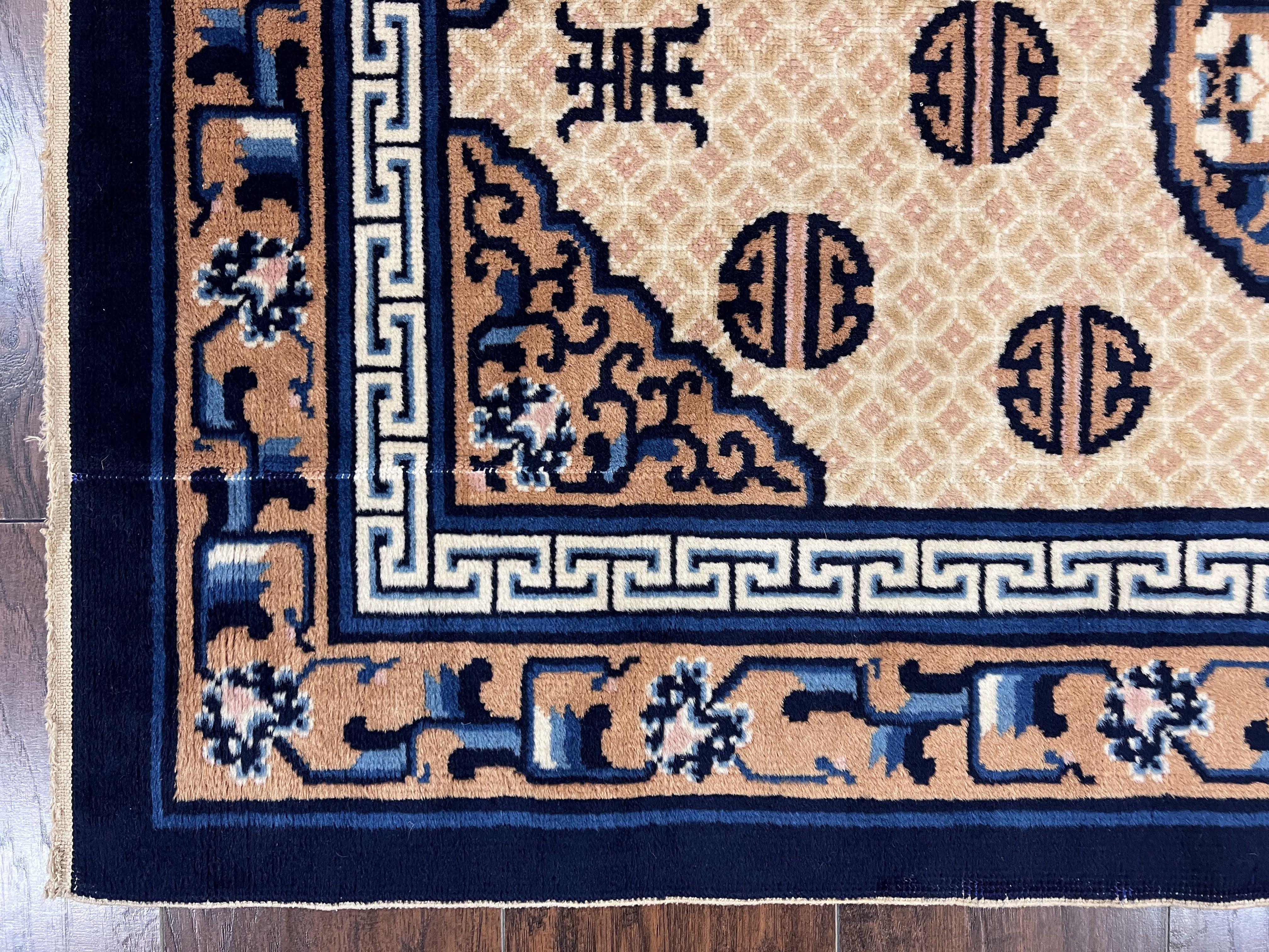 Chinese Peking Rug 3x5, Antique Chinese Art Deco Carpet, Blue Ivory Tan, Hand Knotted Wool Asian Oriental Rug 3 x 5 Vintage Small Peking Rug - Jewel Rugs