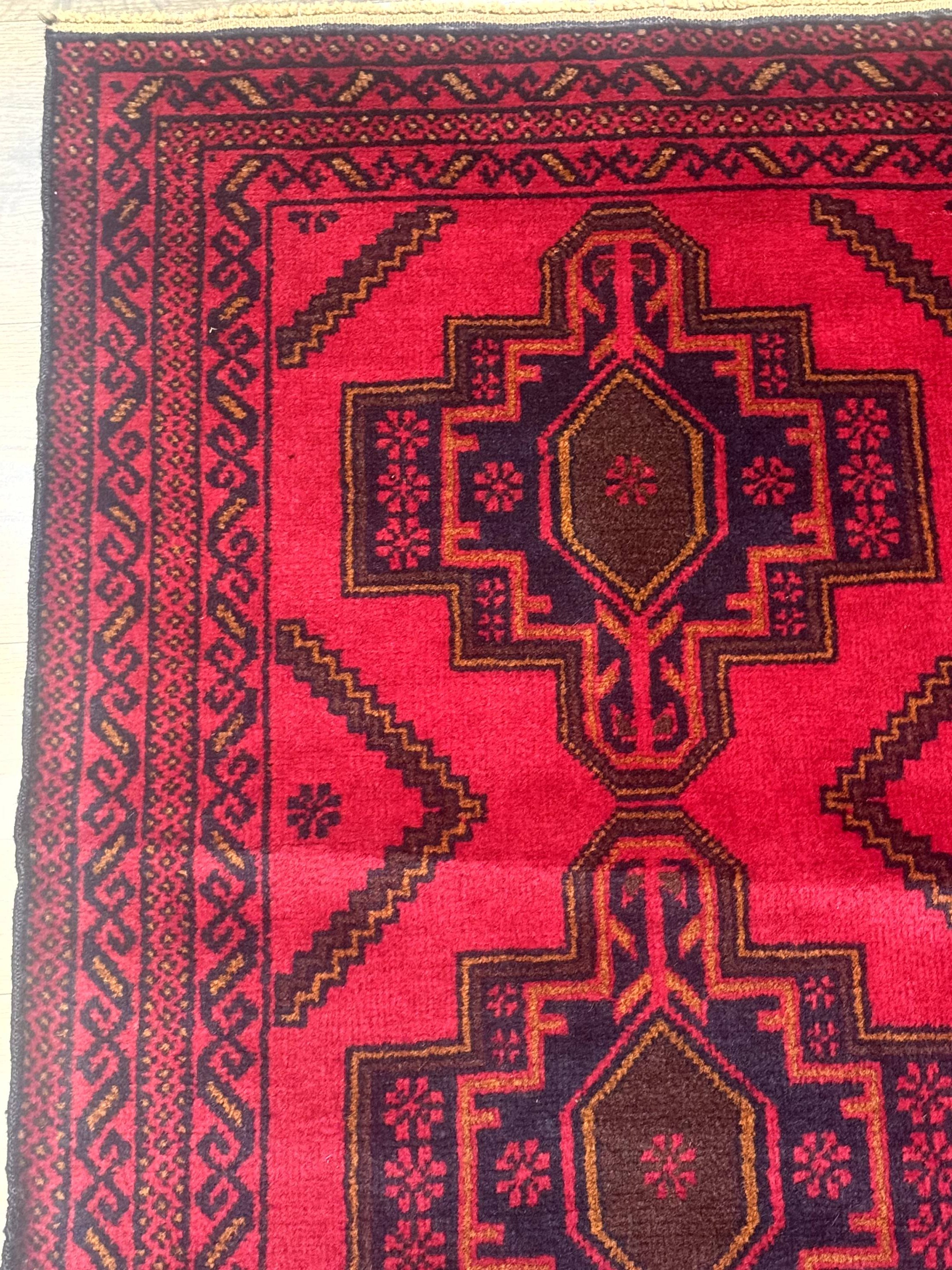 Afghan Rug 4x7, Tribal Carpet, Balouch Rug, Red and Navy Blue, Repeated Medallions, New - Jewel Rugs