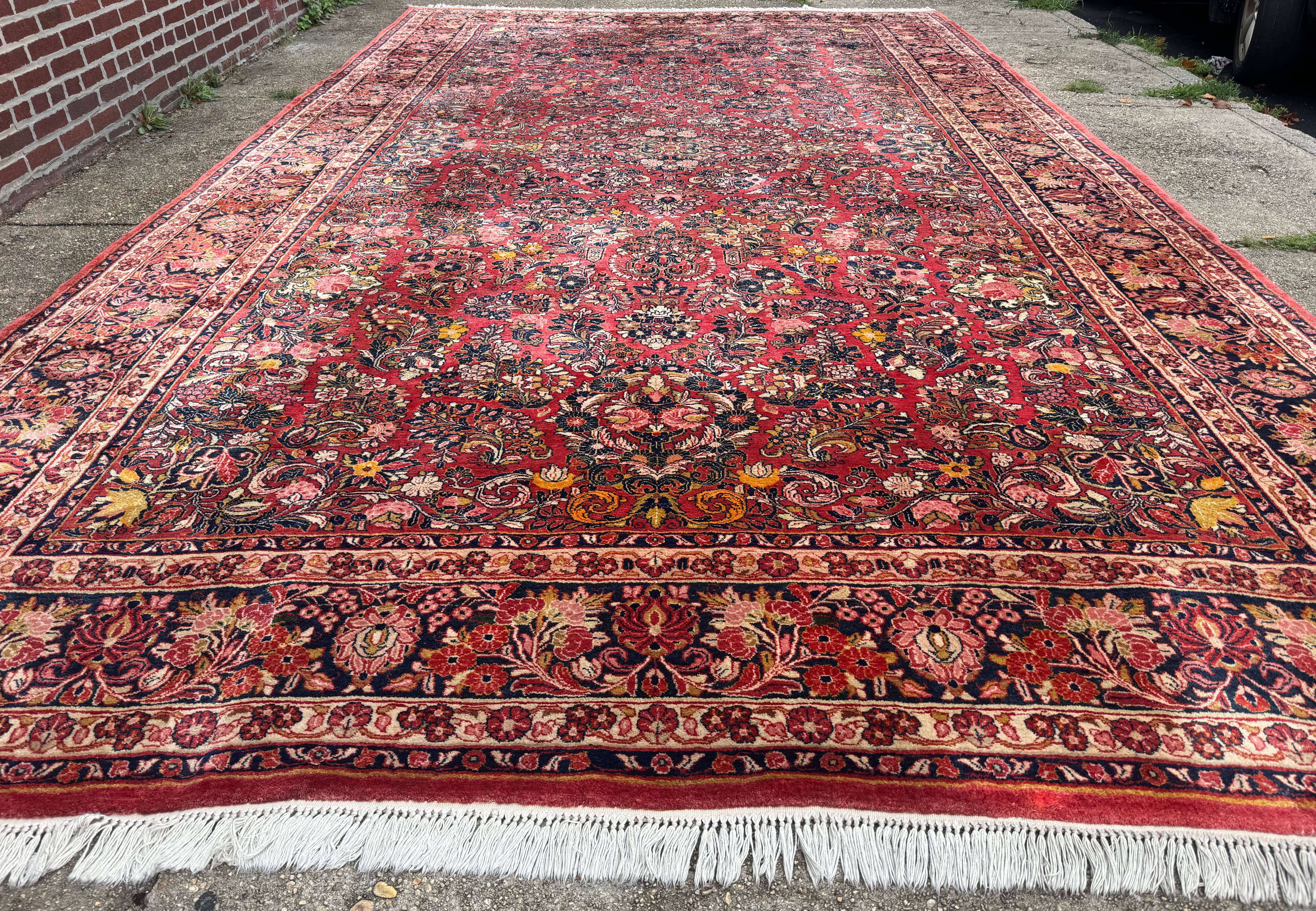 Large Antique Persian Sarouk Rug 11x18, Red, Floral Allover, Palace Size Wool Handmade Carpet - Jewel Rugs