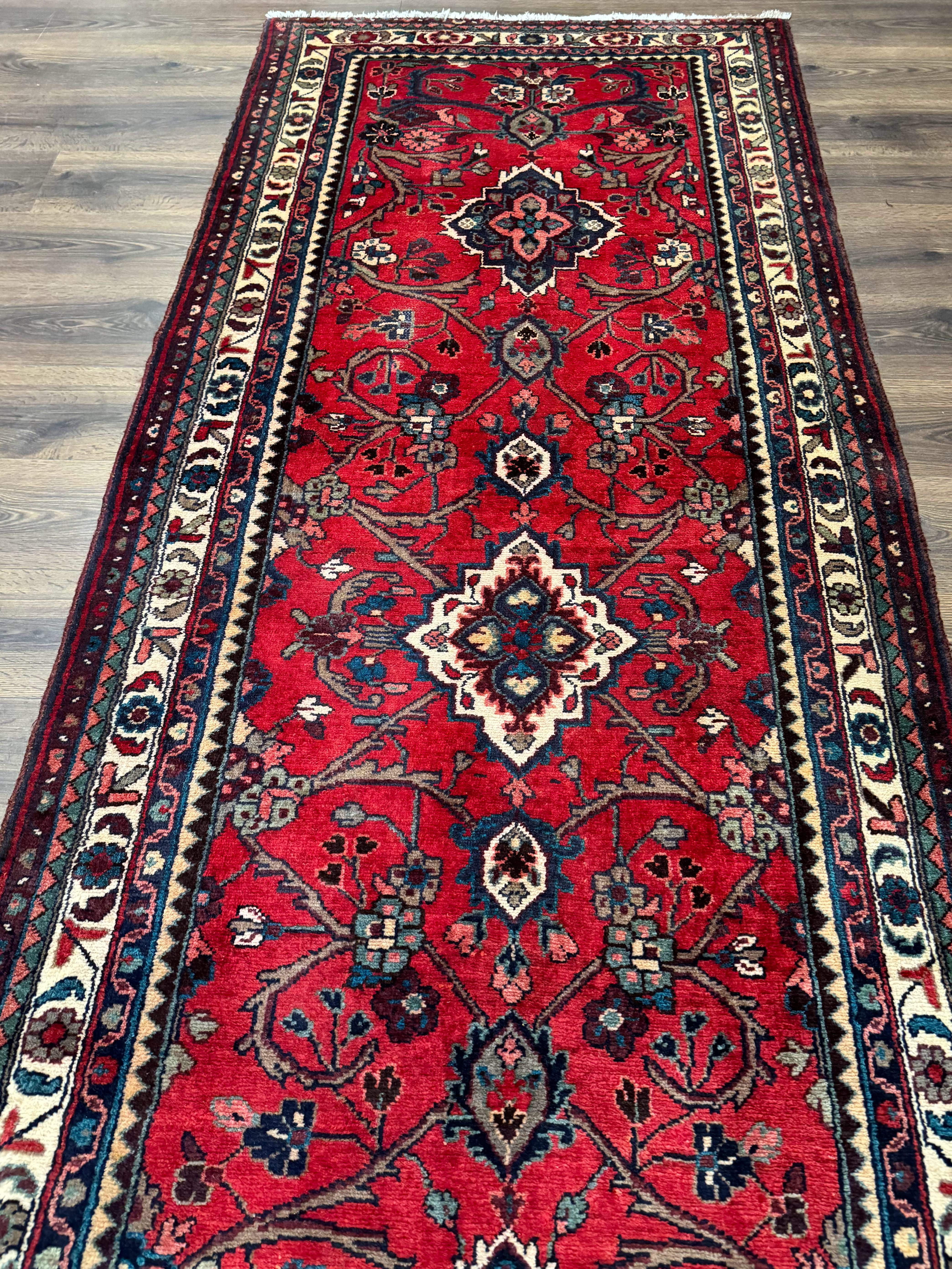 Persian Runner Rug 3.8 x 10, Red, Medallions, Hand Knotted Rug for Hallway, Hamadan Malayer - Jewel Rugs