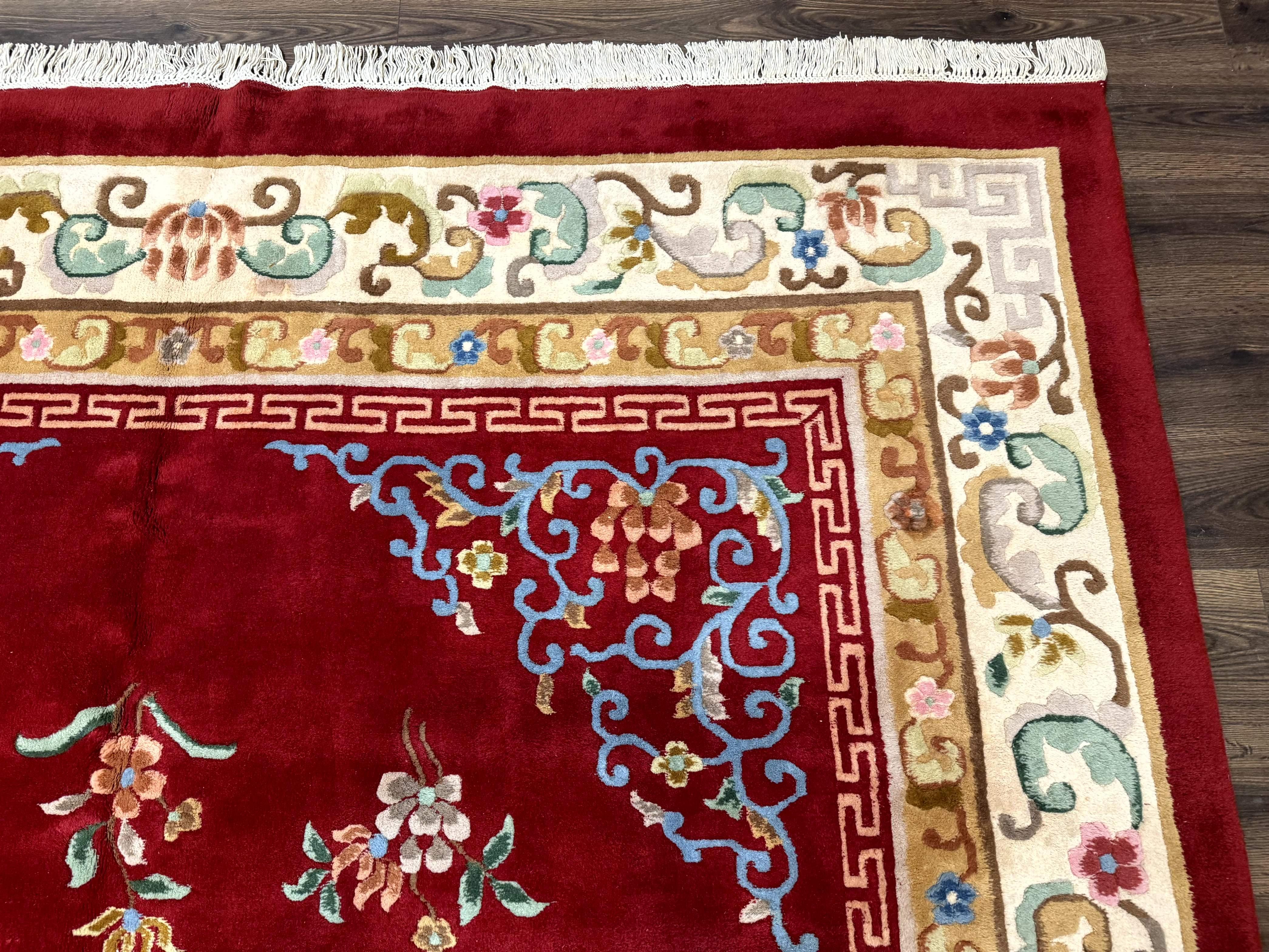 Indo Chinese Wool Rug 9x12, Red Art Deco Carpet, Vintage - Jewel Rugs