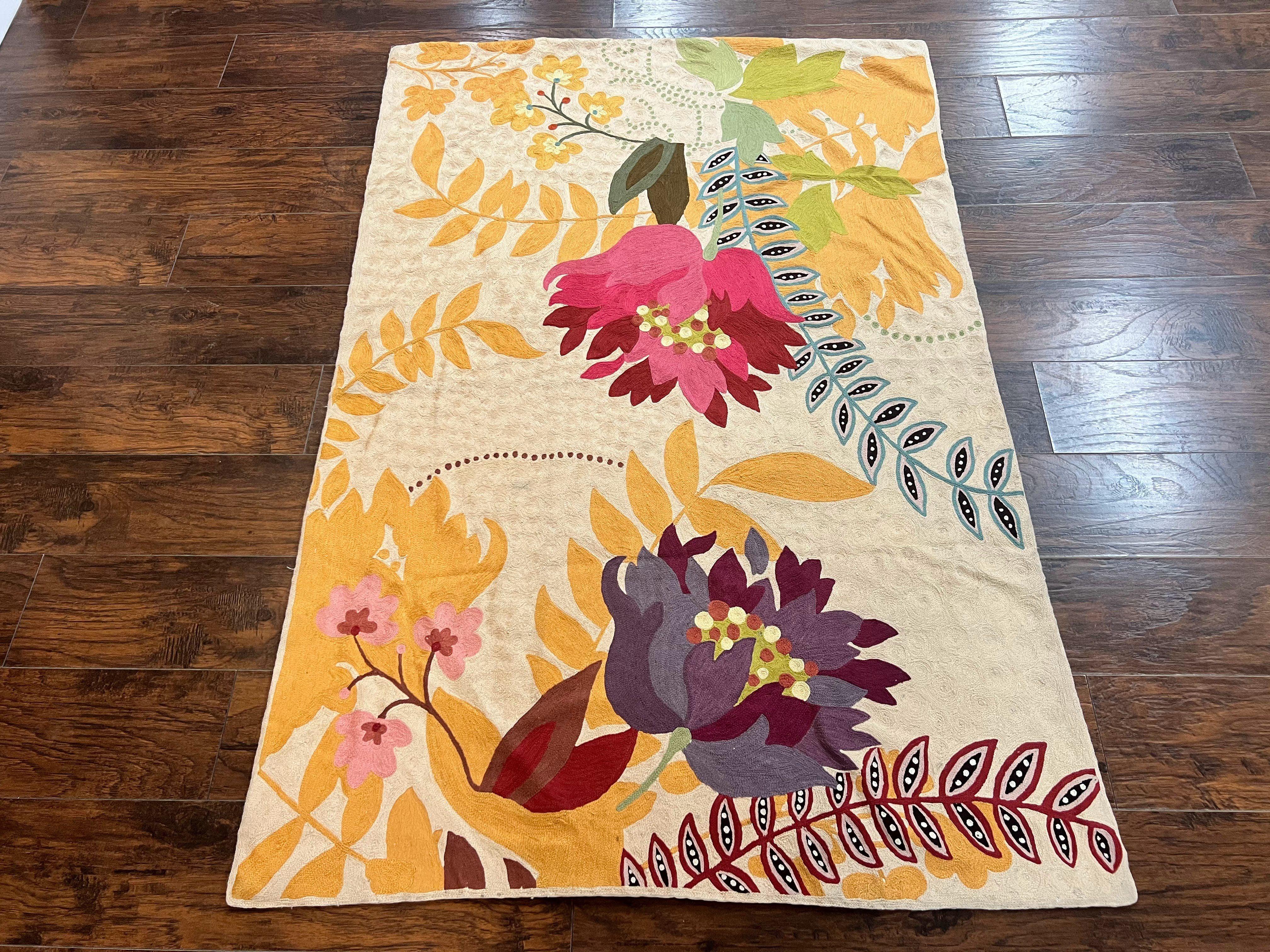 Indian Hand Stitched Rug 4x6, Floral, Silk, Large Floral Design - Jewel Rugs