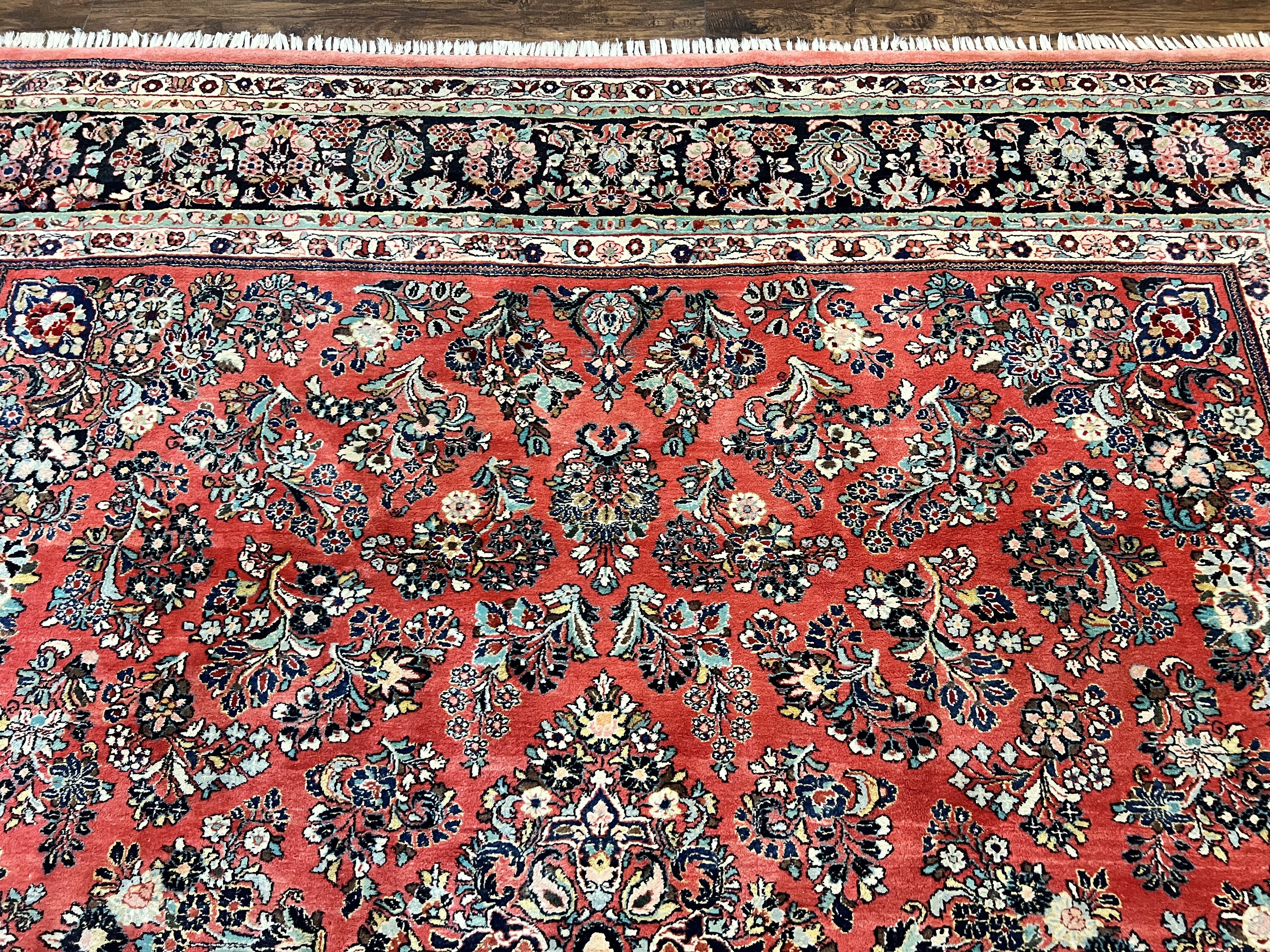 Square Persian Sarouk Rug 11x11 ft, Rare Size, Hand Knotted Wool Floral Allover Red Persian Carpet, Handmade Antique Rug - Jewel Rugs