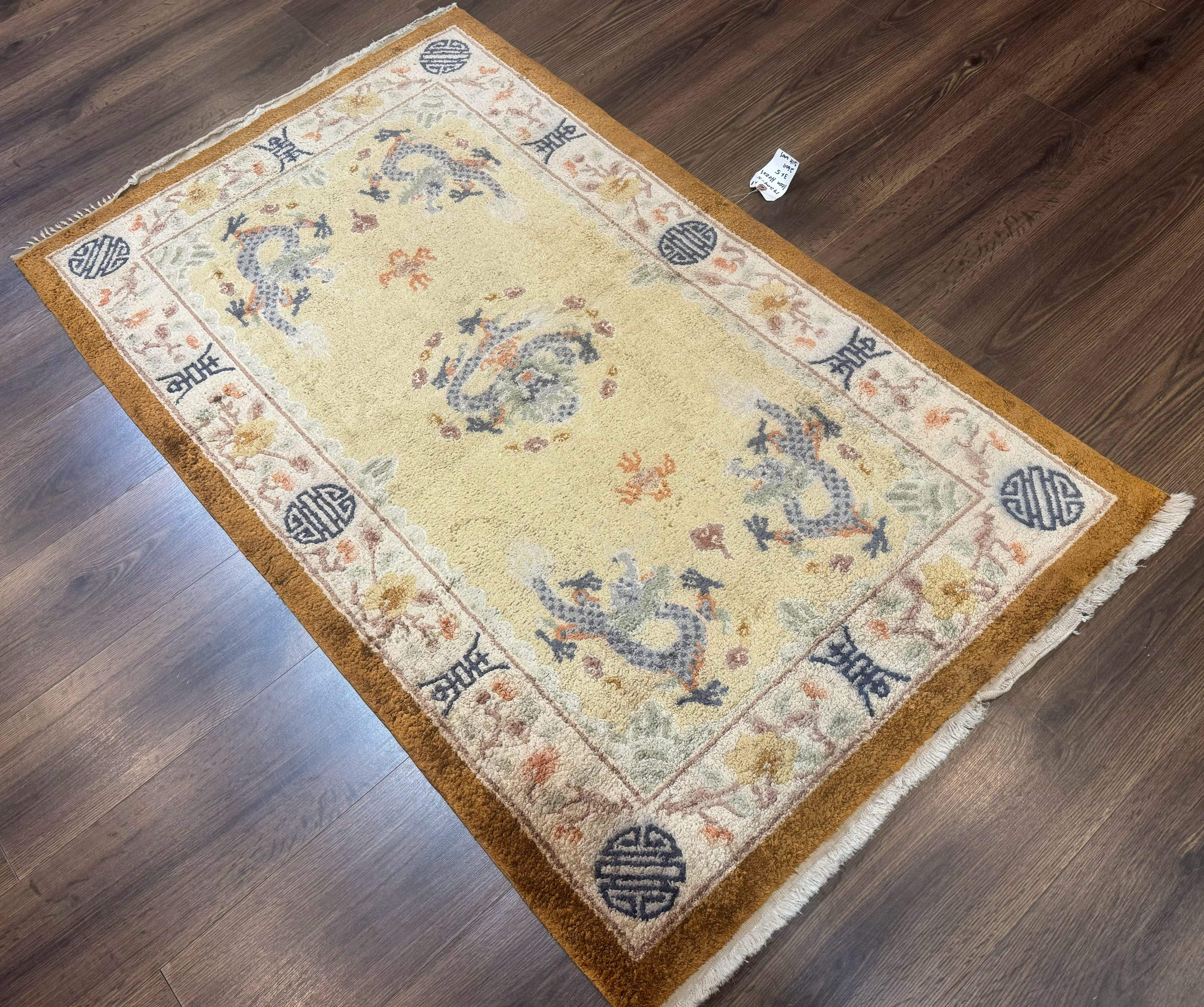 Chinese Silk Rug 3x5, Dragons, Hand Knotted, Cream - Jewel Rugs