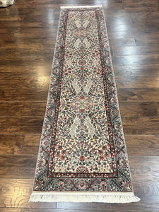 Sino Persian Runner Rug 2.7 x 10, Floral Kirman Lavar Carpet for Hallway, Cream, Handmade Wool Vintage Rug