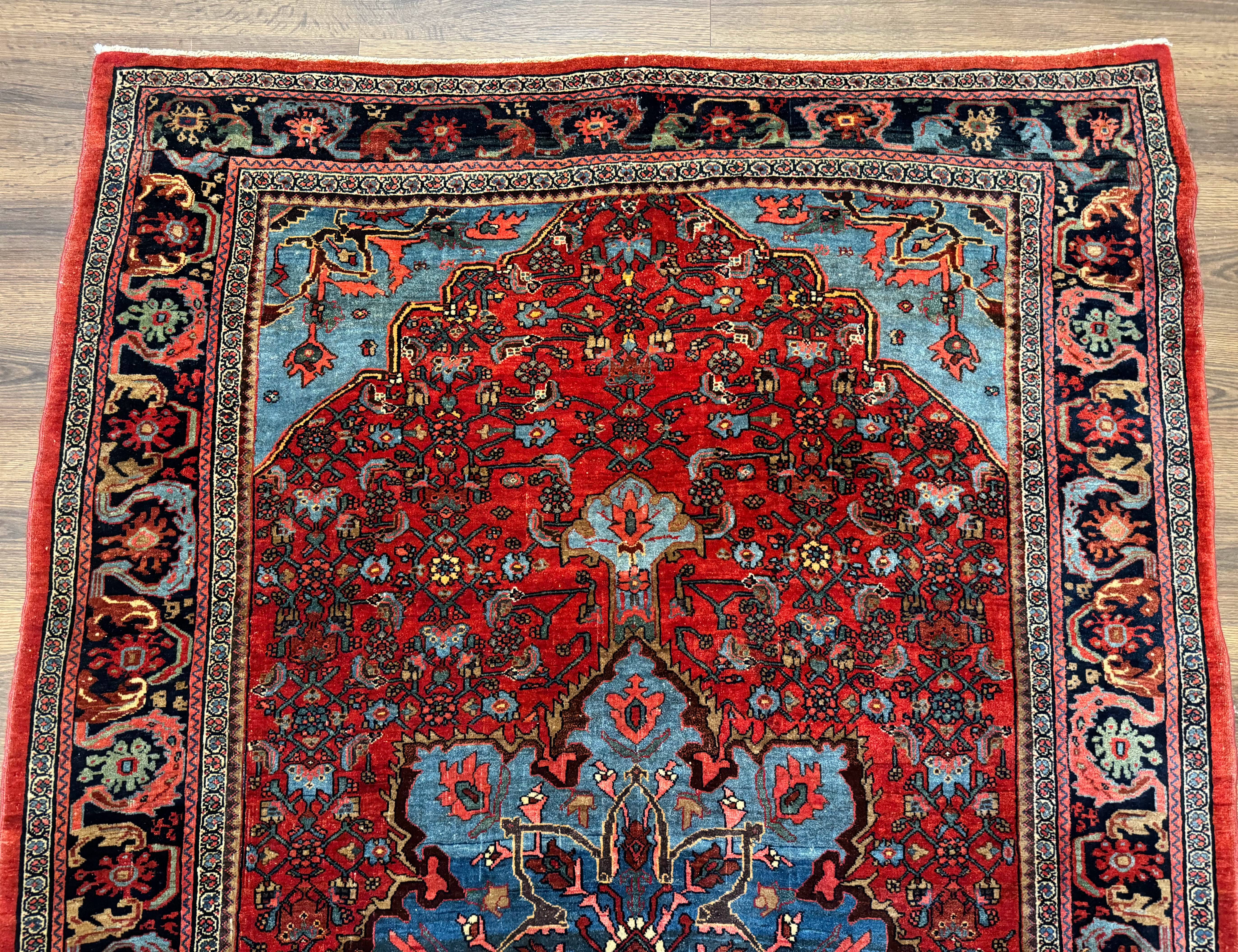 Antique Persian Bijar Rug 5x8, Red and Navy Blue, Medallion and Corner Design - Jewel Rugs