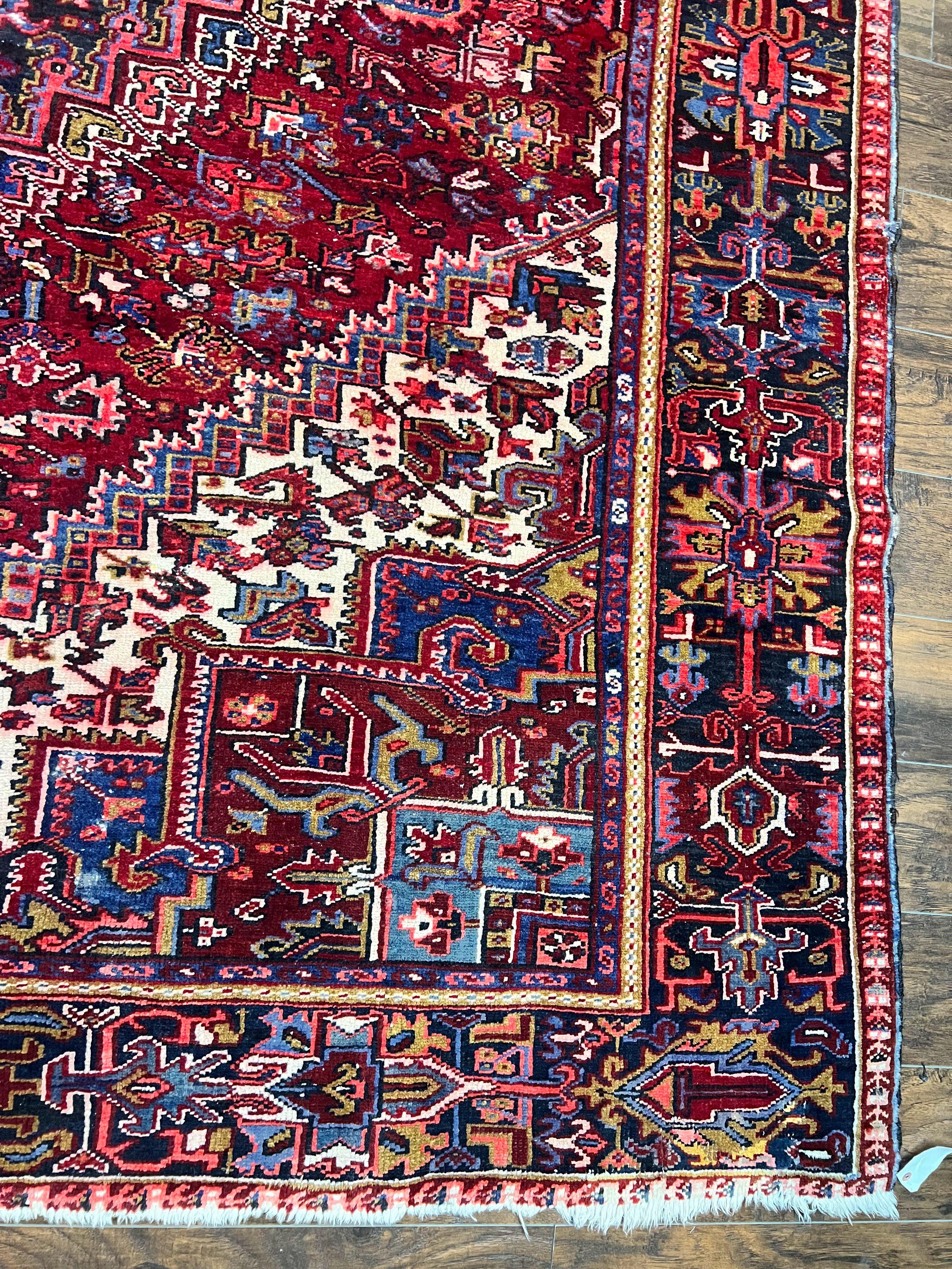 Persian Heriz Rug 9x11 ft, Geometric Rug 9 x 11, Red Room Sized Semi Antique Vintage Wool Hand Knotted Oriental Carpet - Jewel Rugs