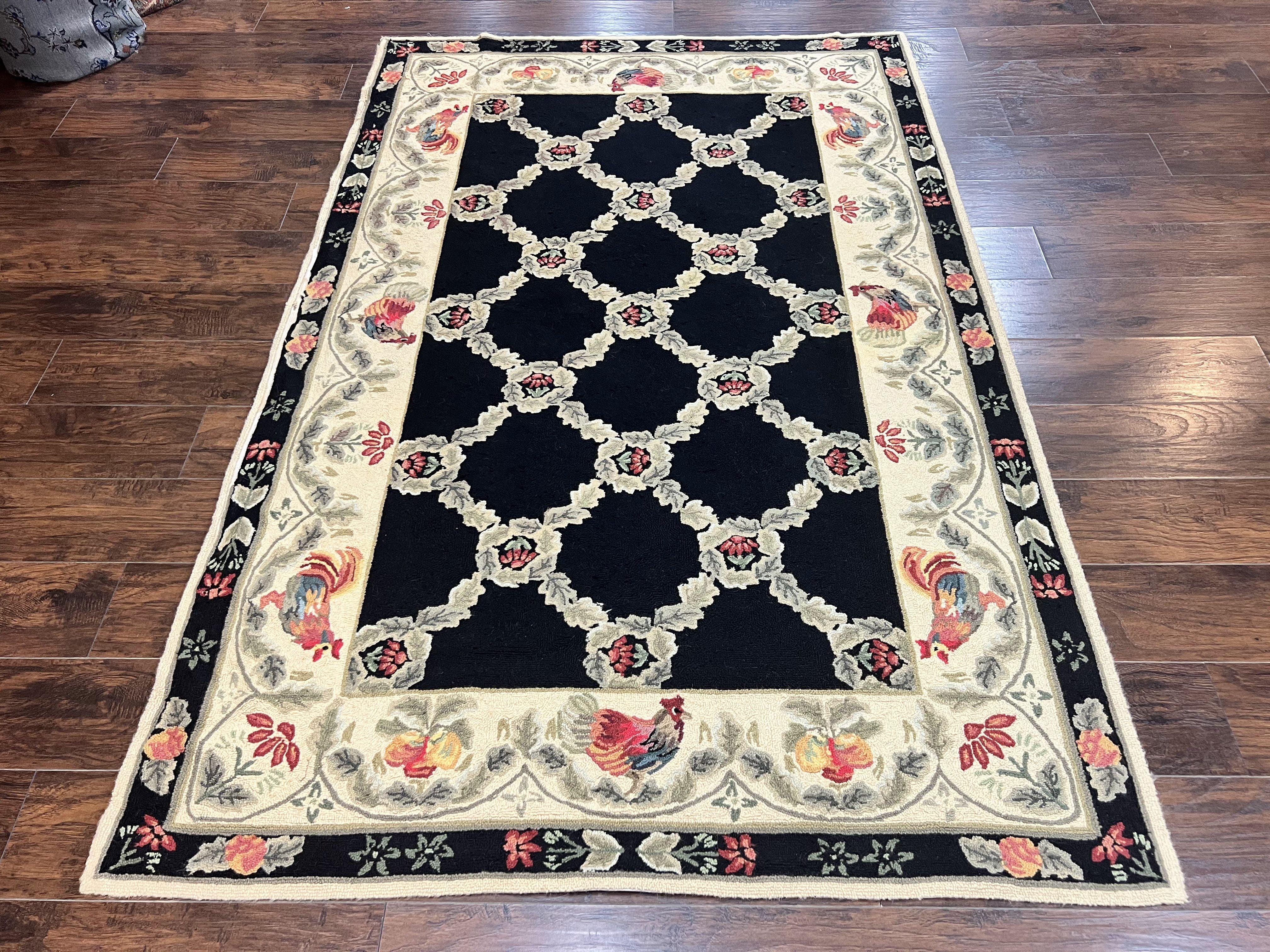 Hooked Rug 5x8, European Aubusson Pattern, Black and Ivory, Roses & Roosters, Vintage Wool Rug - Jewel Rugs