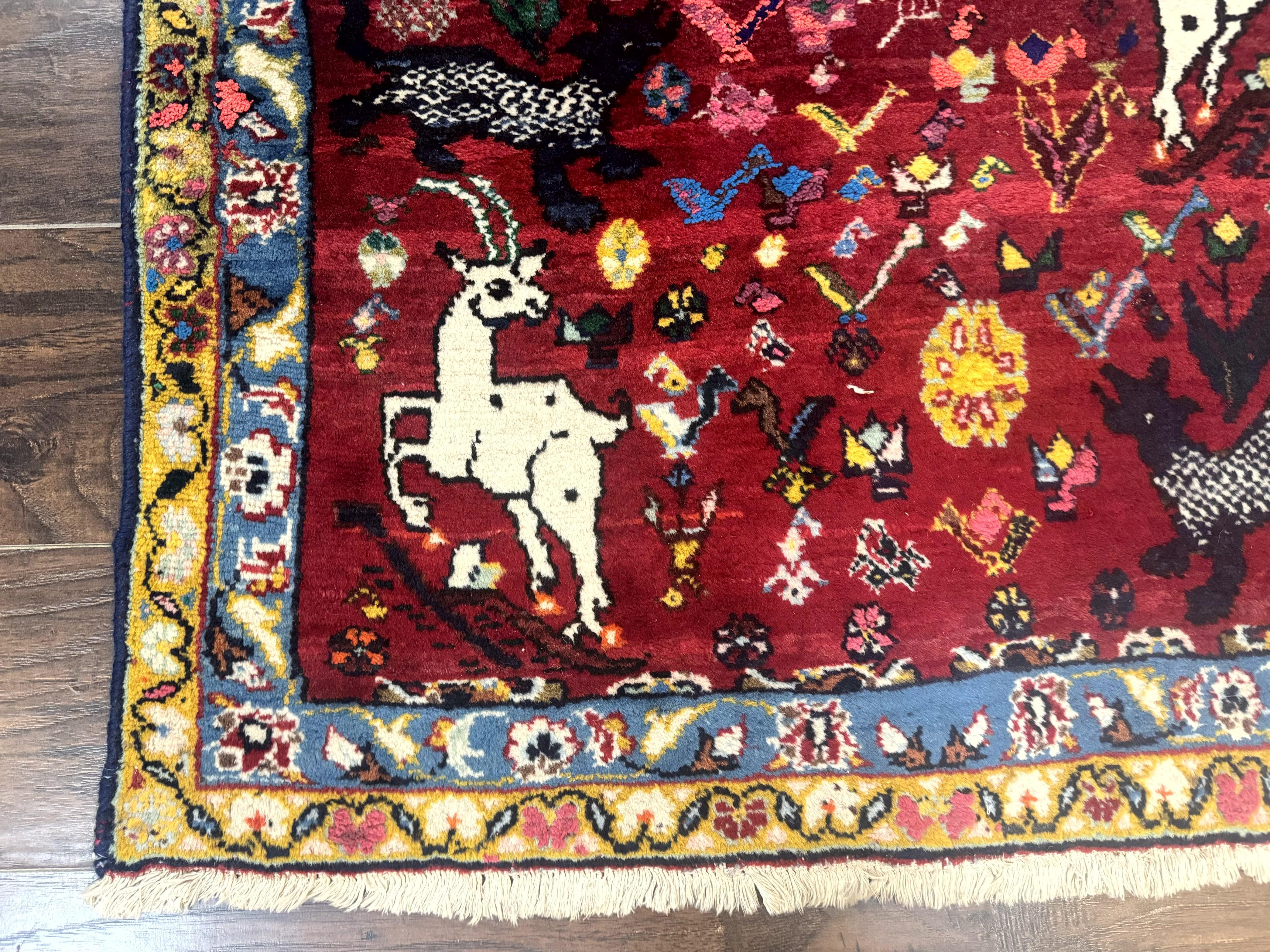 Persian Gabbeh Rug 3x5, Animal Pictorials, Wool and Silk, Handmade Vintage Small Rug, Red - Jewel Rugs