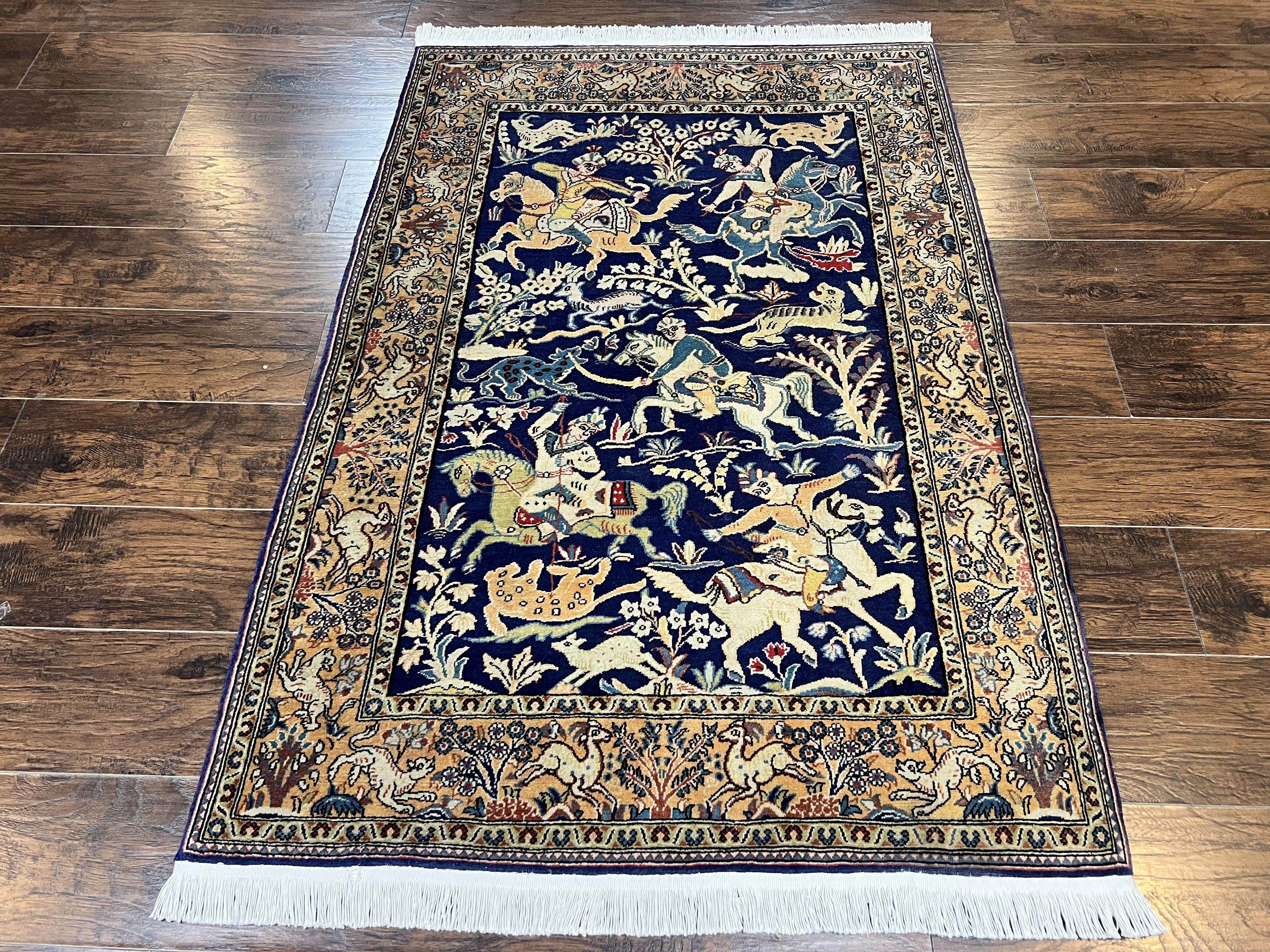 Persian Qum Hunting Design Rug 4x5, Wool Hand Knotted Vintage Oriental Carpet, Navy Blue & Mustard, Horsemen Animal Pictorials, Rare - Jewel Rugs