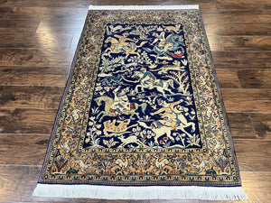 Persian Qum Hunting Design Rug 4x5, Wool Hand Knotted Vintage Oriental Carpet, Navy Blue & Mustard, Horsemen Animal Pictorials, Rare