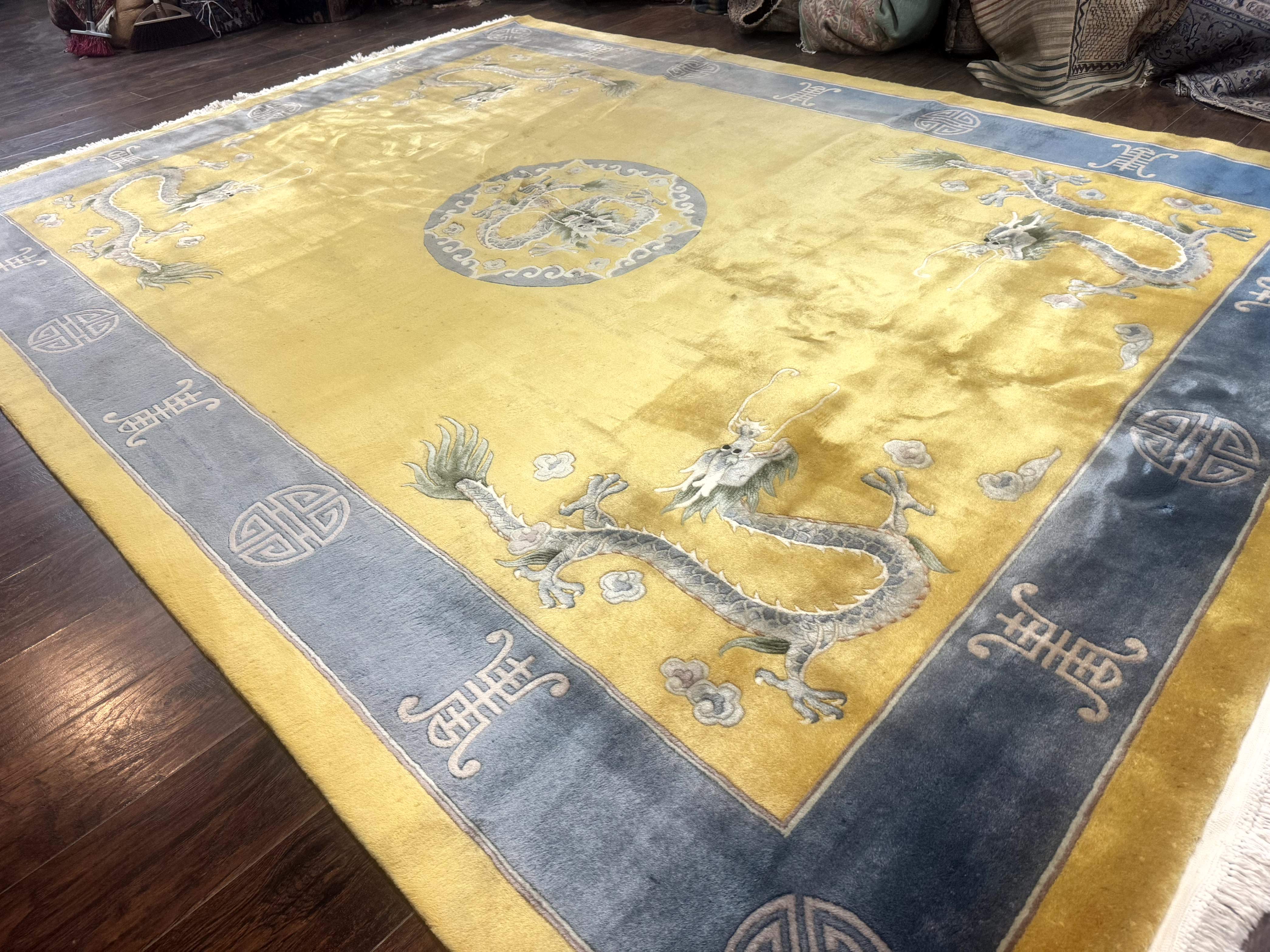 Chinese Wool Rug 9x12, Dragons and Center Medallion, Minimalistic Design, Gold and Light Blue, Peking Rug, 90 Line - Jewel Rugs