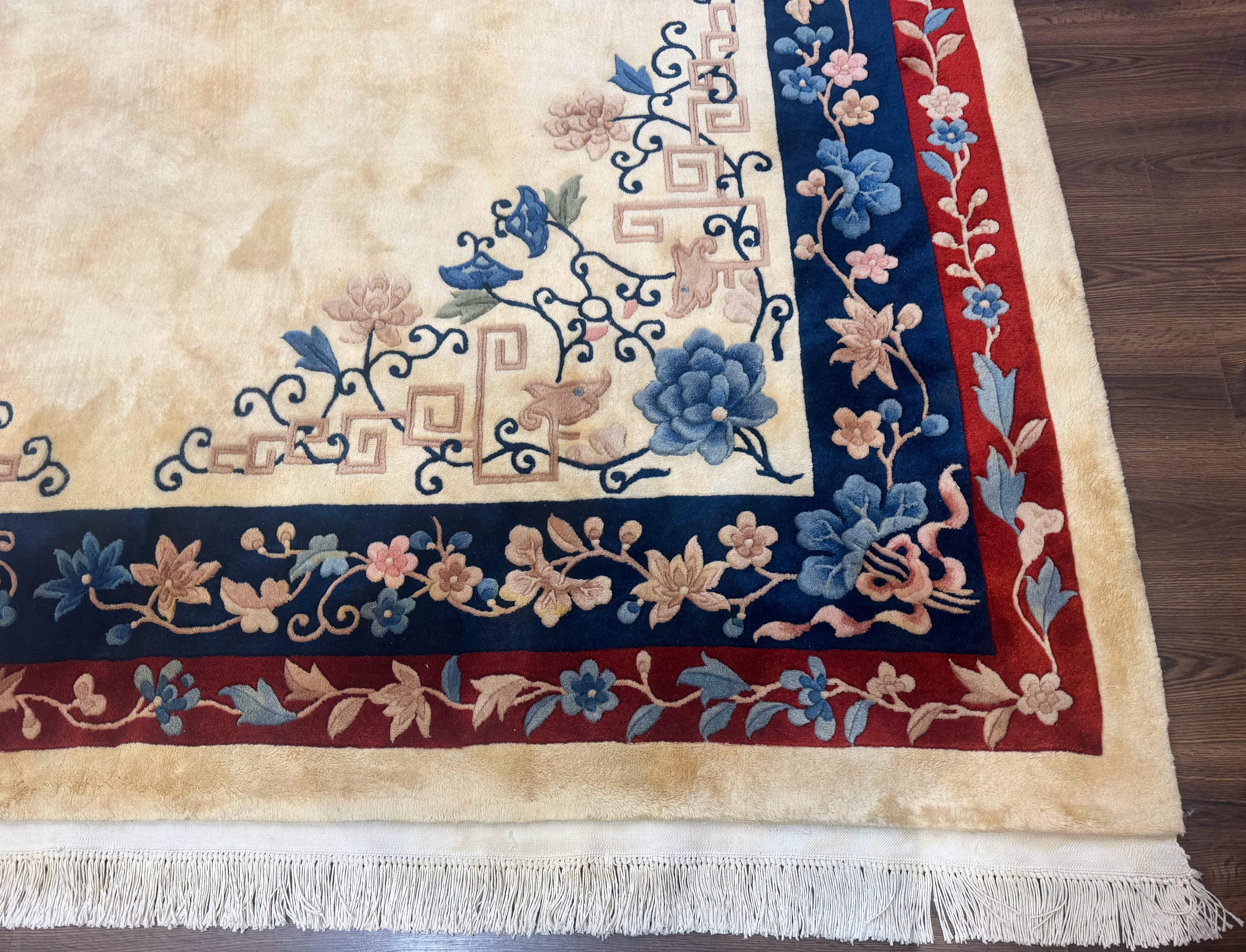 Chinese Rug 10x14 – Cream and Navy, 90 Line Vintage Wool Carpet - Jewel Rugs