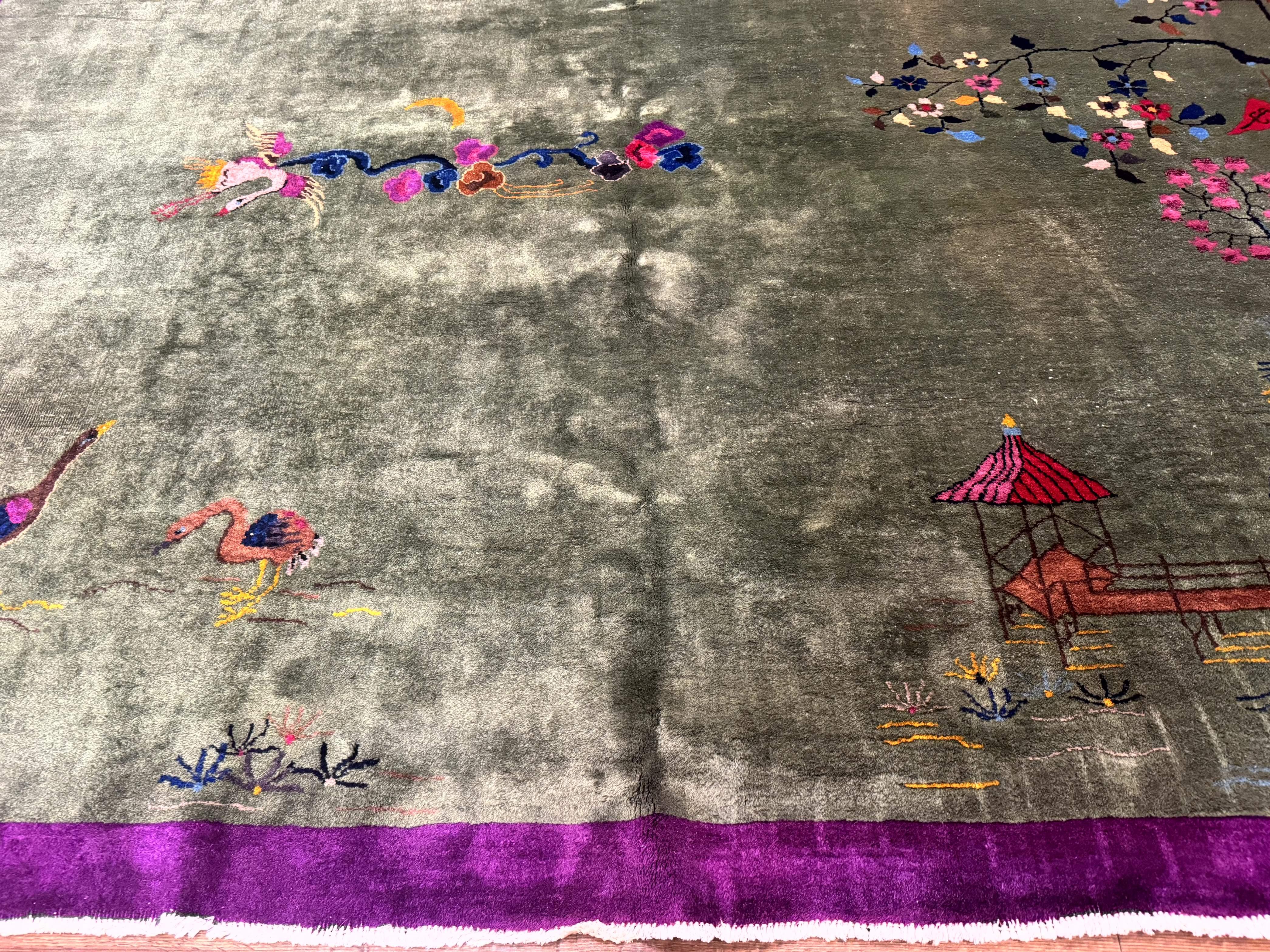 Antique Chinese Nichols Rug 9x12 - Rare Green and Purple Art Deco Carpet - Jewel Rugs
