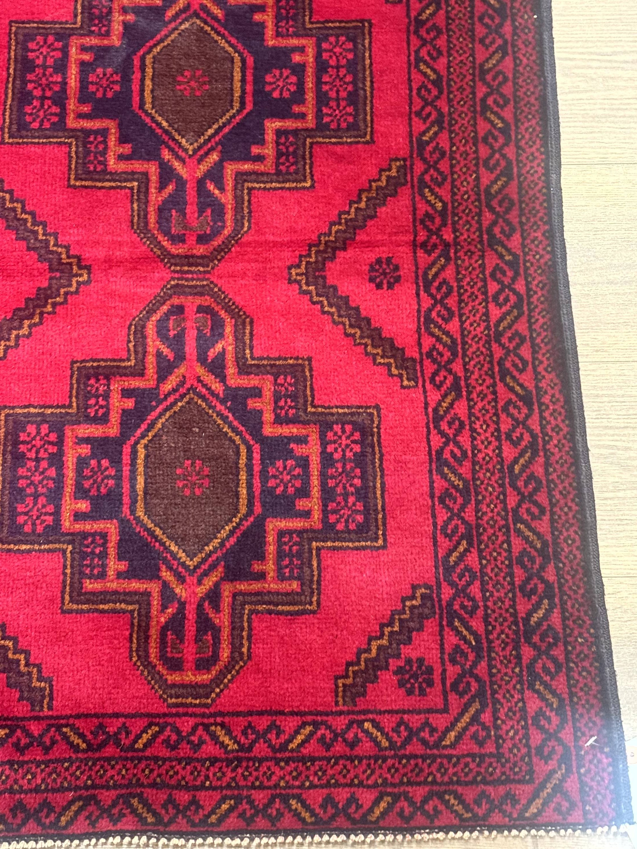 Afghan Rug 4x7, Tribal Carpet, Balouch Rug, Red and Navy Blue, Repeated Medallions, New - Jewel Rugs