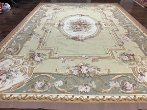 Aubusson Rug 10x14, Wool Handmade Vintage Carpet, Light Green, Elegant French European Design Rug, Large Room Sized Aubusson Rug
