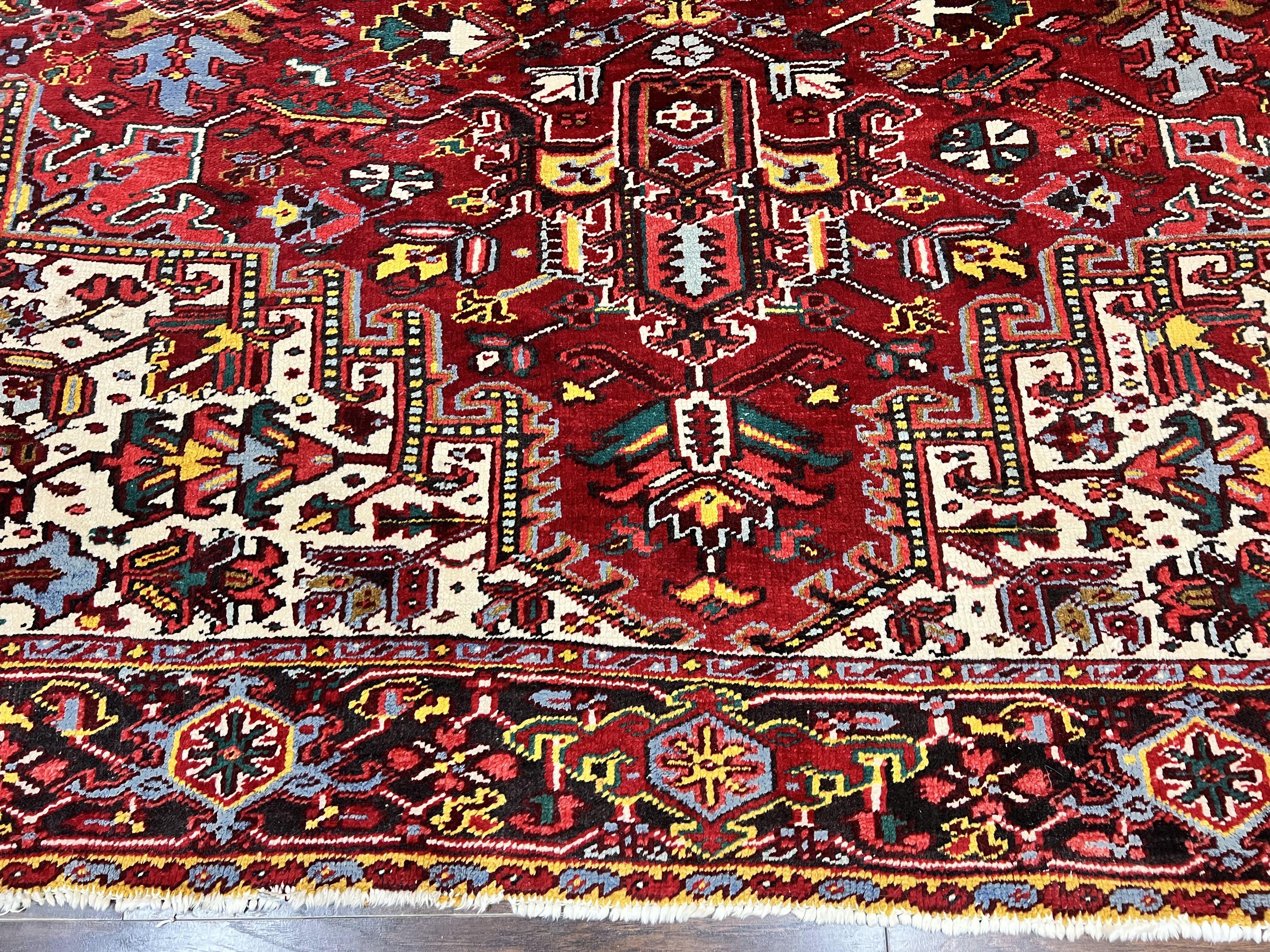 Persian Heriz Rug 10x13, Wool Hand Knotted Vintage Carpet, Geometric Medallion Tribal Oriental Rug, Red & Ivory, 10 x 13 Large Sized Rug - Jewel Rugs