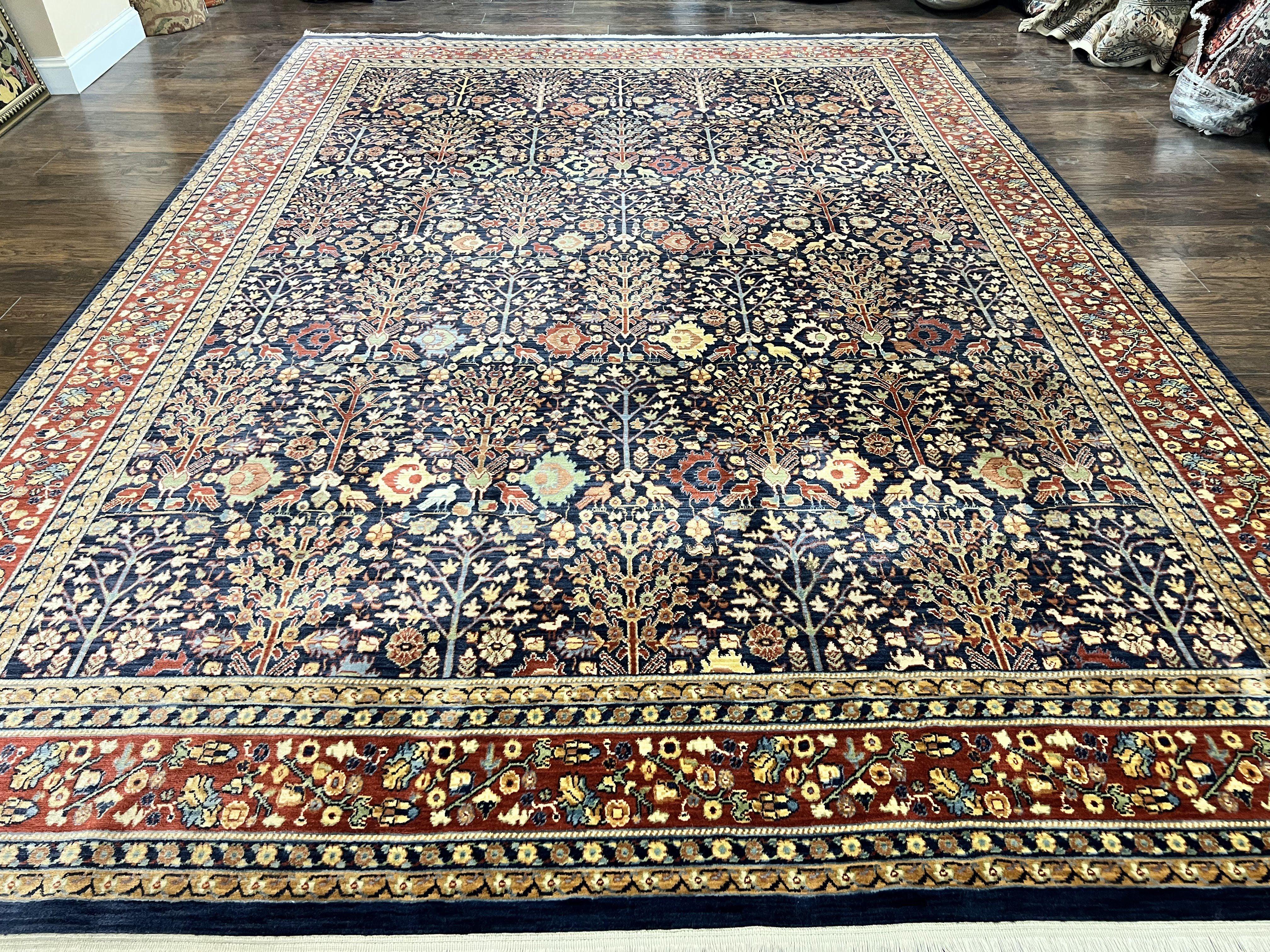 Karastan Rug 9x13, Karastan English Manor Devonshire 2120, Discontinued Wool Pile Karastan Navy Blue Floral Room Sized Area Rug, Bird Motifs - Jewel Rugs