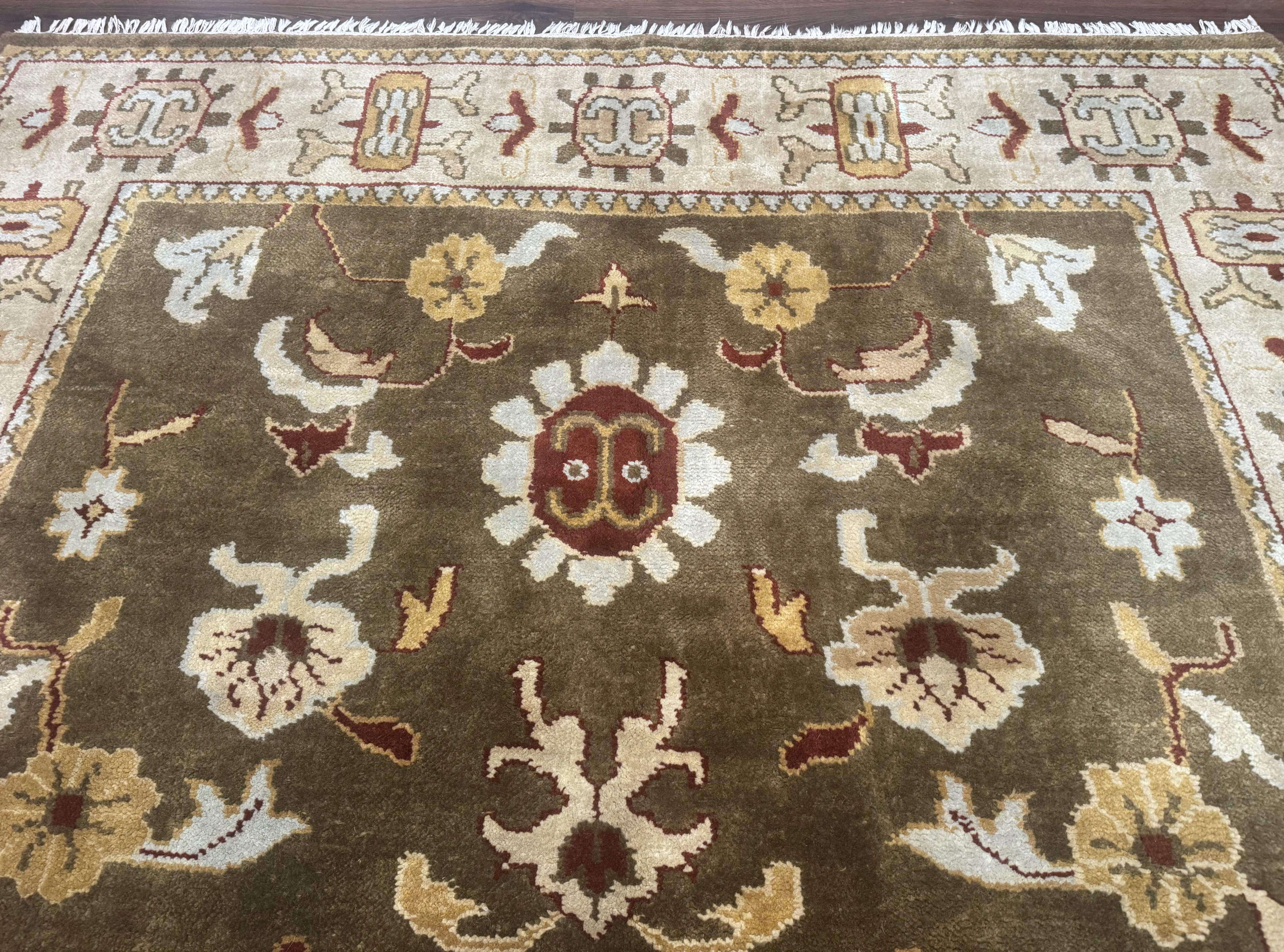 Indo Mahal Rug 8x11 – Olive Green Hand-Knotted Wool Carpet - Jewel Rugs