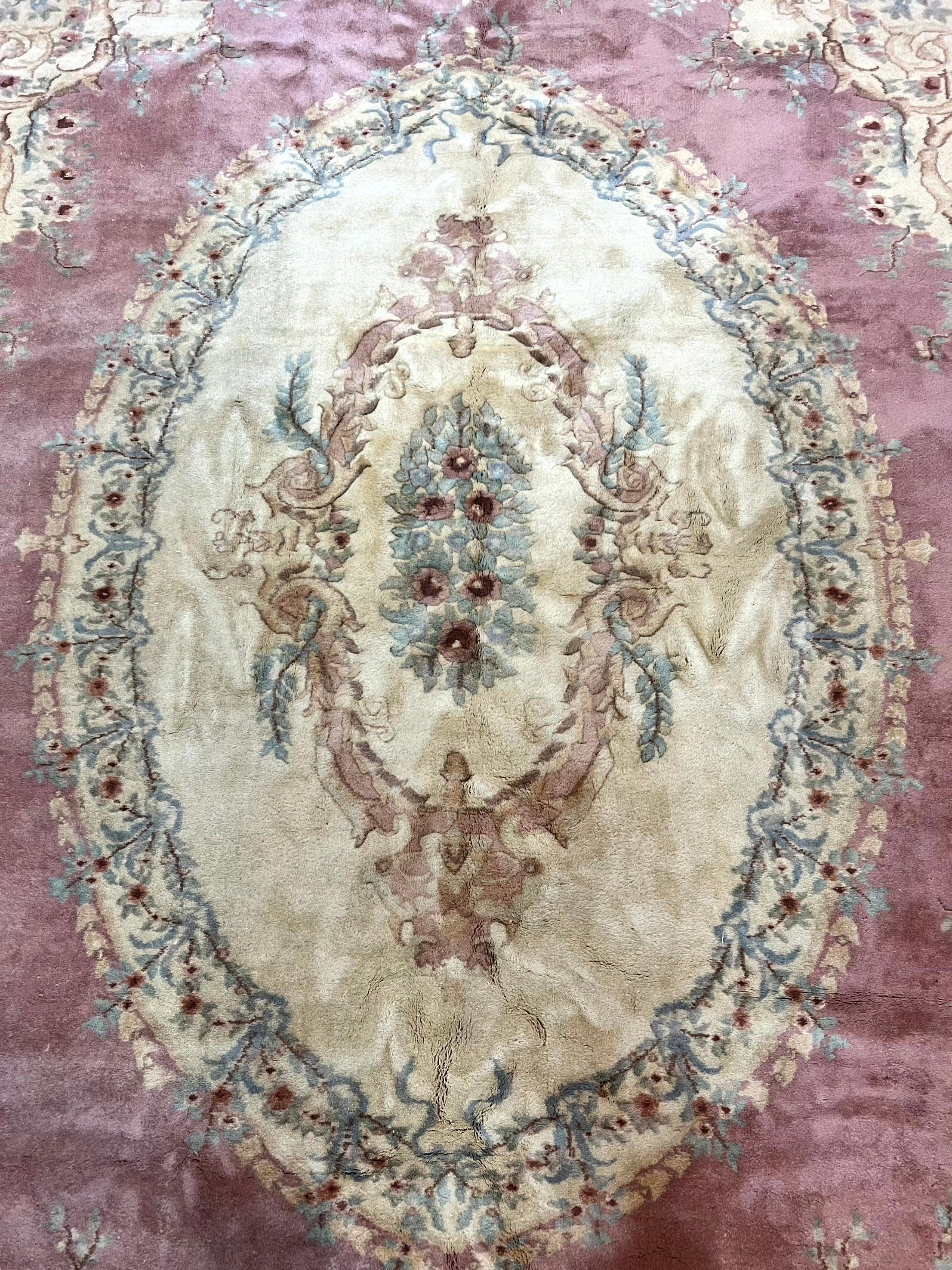 Indo Chinese Aubusson Wool Rug 10x14, Pink and Cream, Handmade Vintage Wool Carpet, Elegant European Design - Jewel Rugs