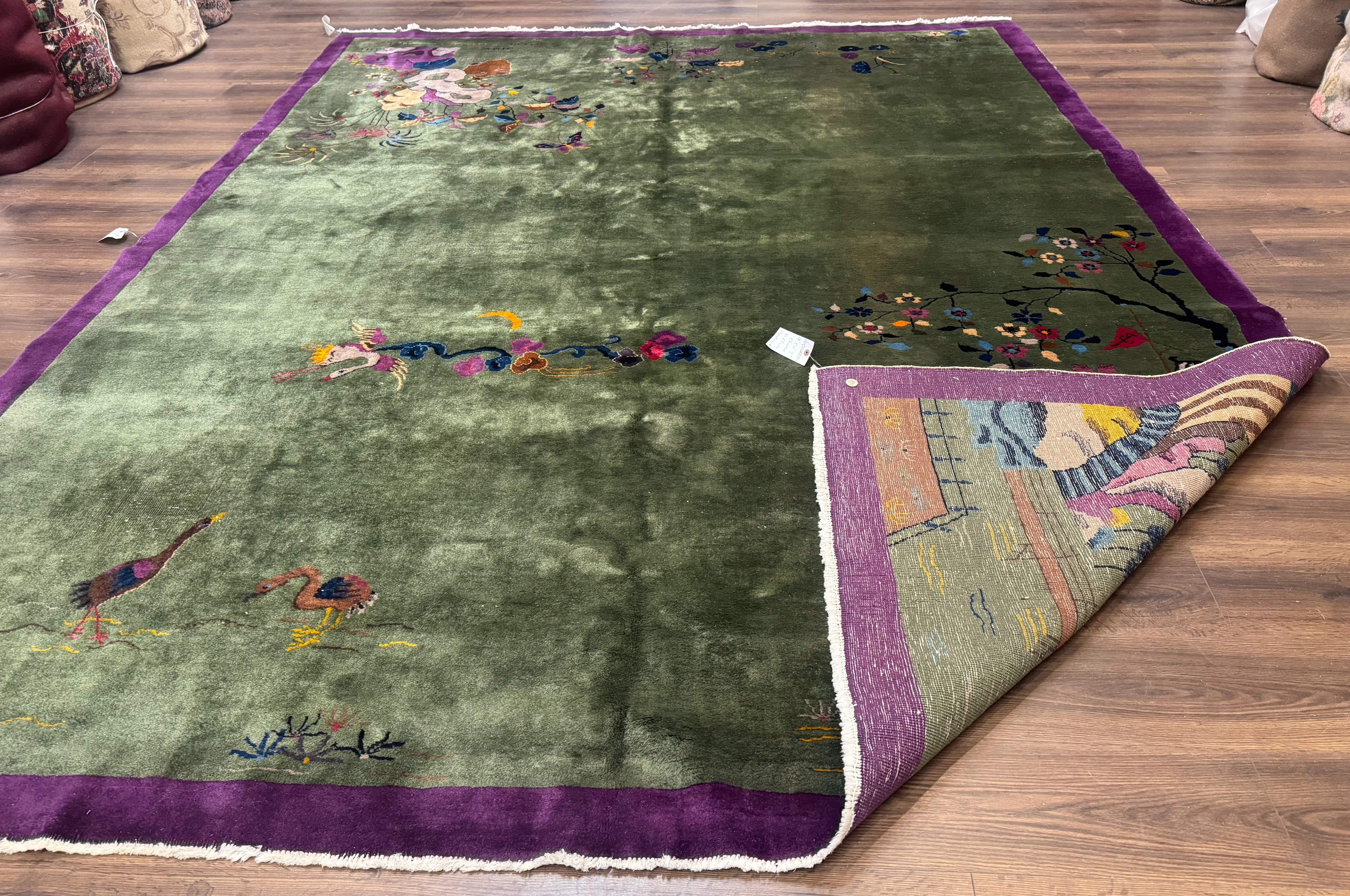 Antique Chinese Nichols Rug 9x12 - Rare Green and Purple Art Deco Carpet - Jewel Rugs