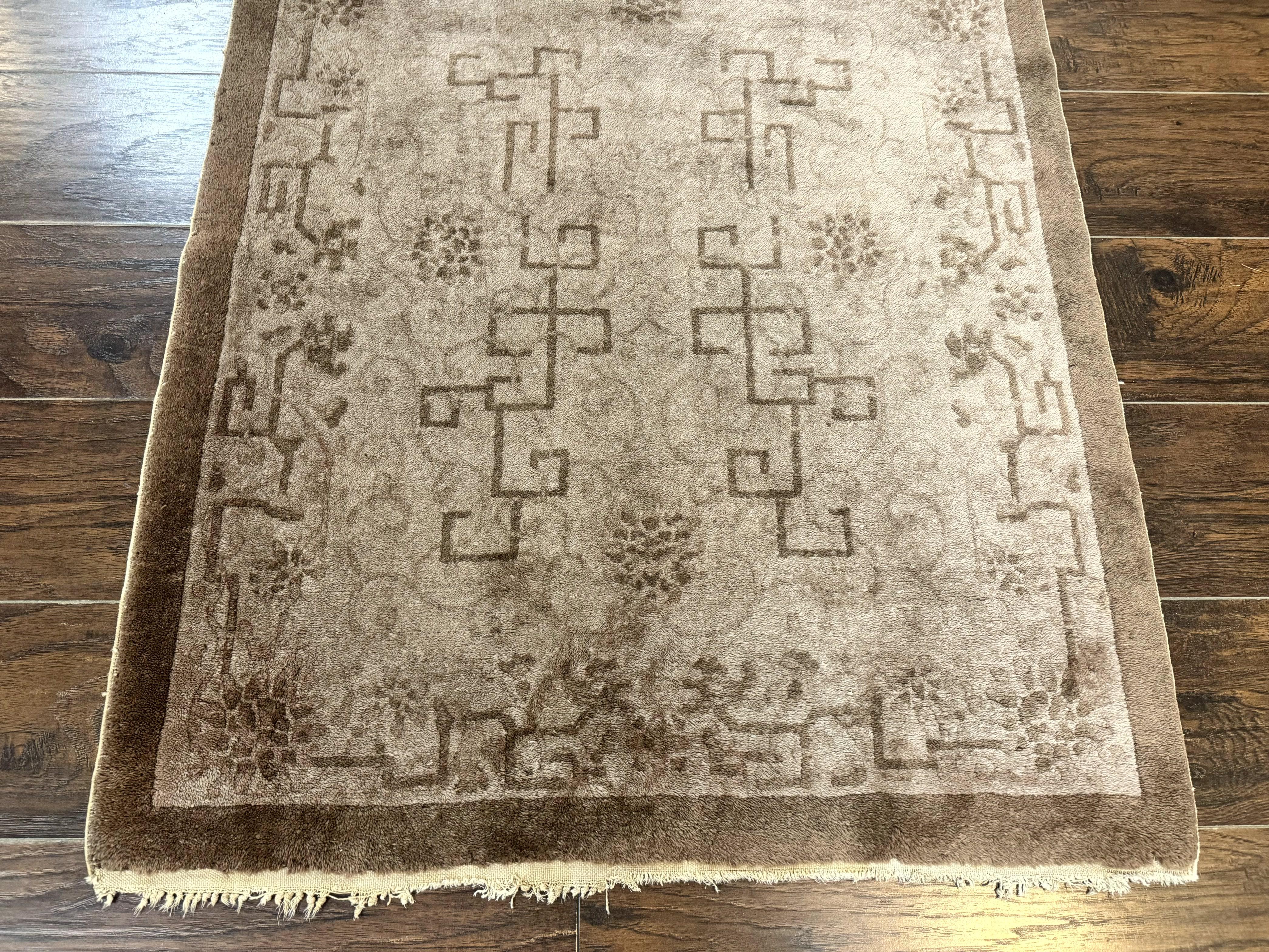 Antique Chinese Fette Rug 3x6, Taupe, Handmade Wool Chinese Carpet - Jewel Rugs