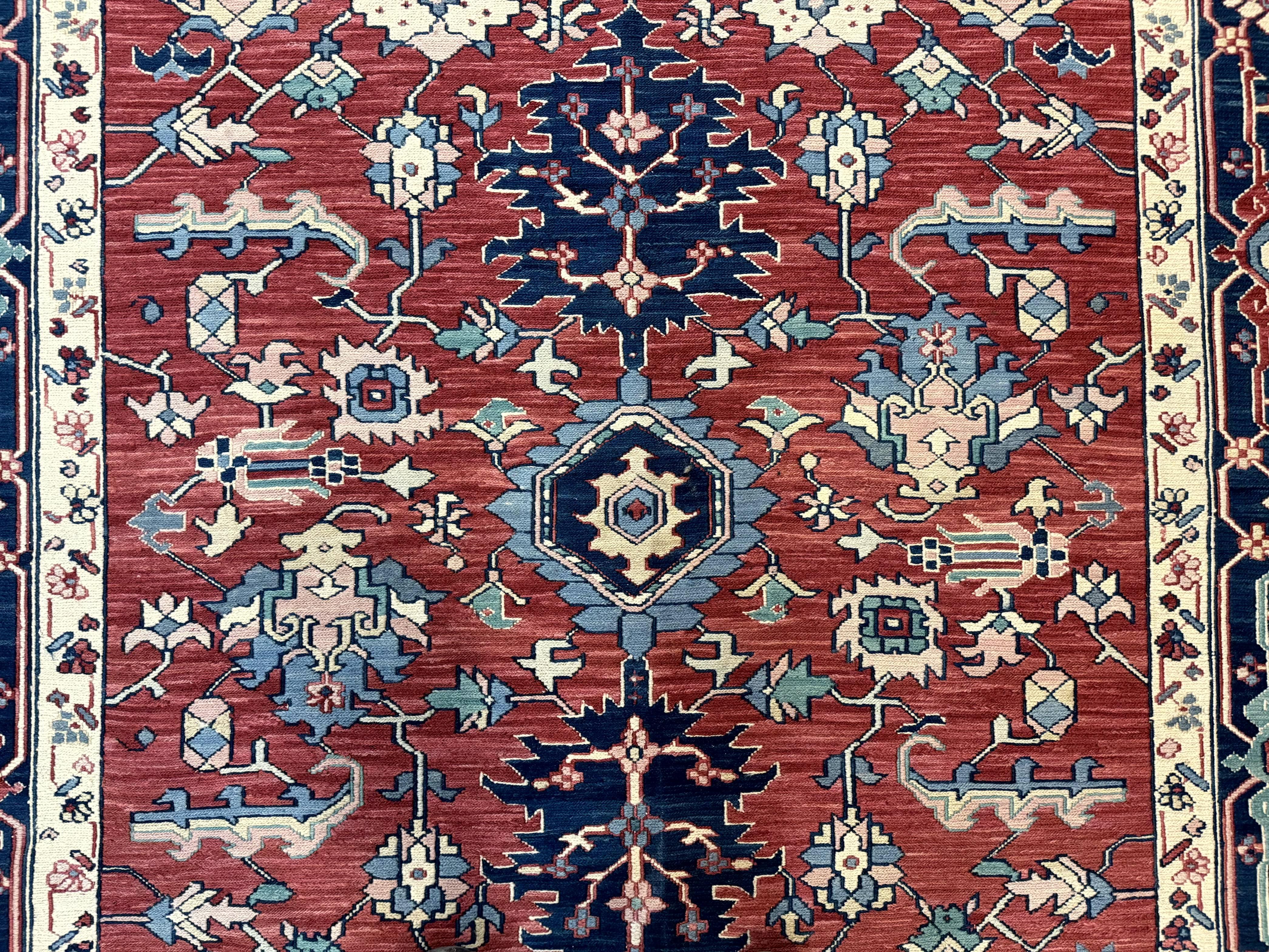 Turkish Flatweave Rug 6x9, Heriz Design, Red and Blue - Jewel Rugs