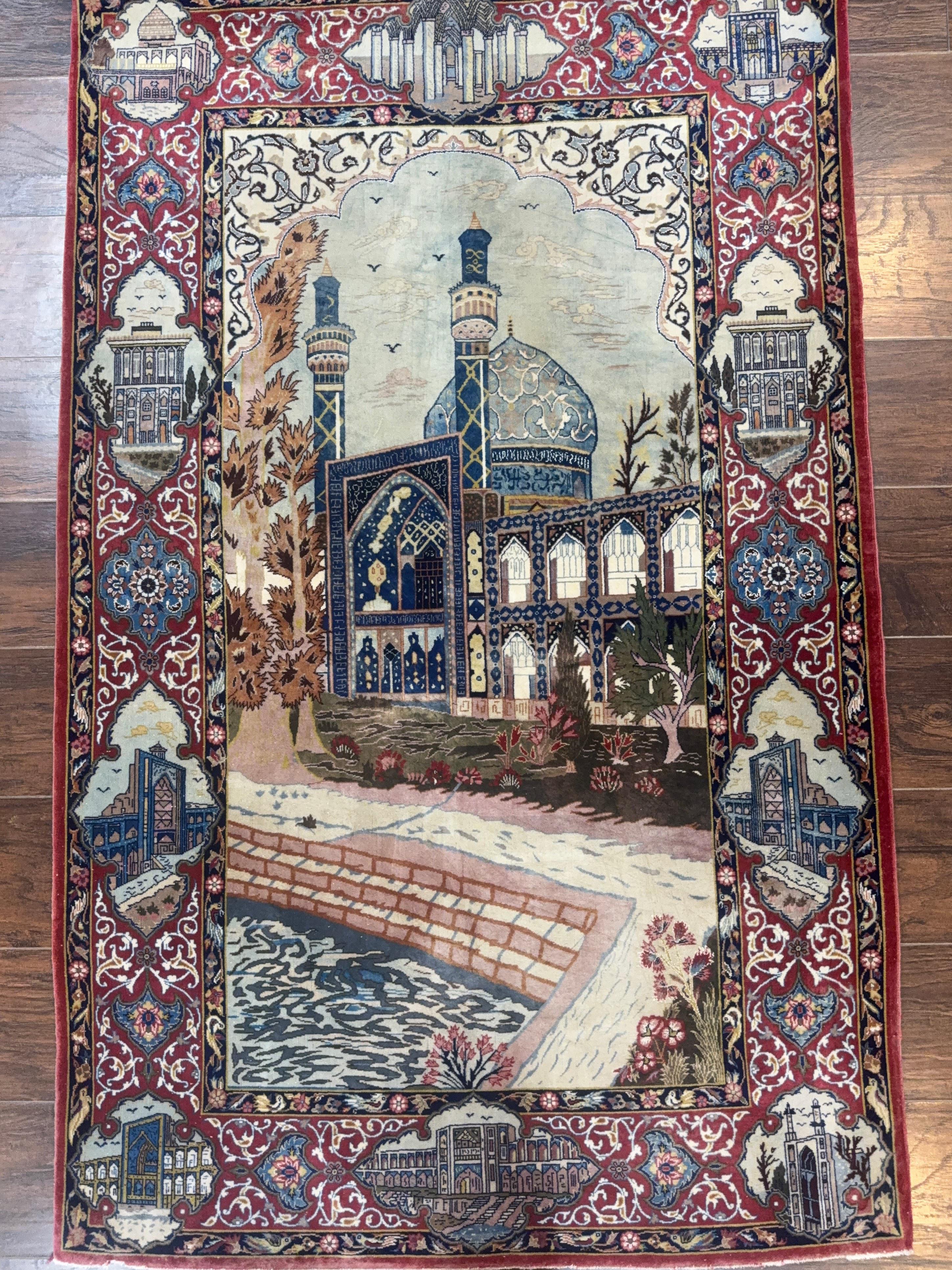 Persian Isfahan Pictorial Rug 3.6 x 5.7, Very Fine 400 KPSI, Historical Buildings, Signed By Masterweaver, Handmade - Jewel Rugs